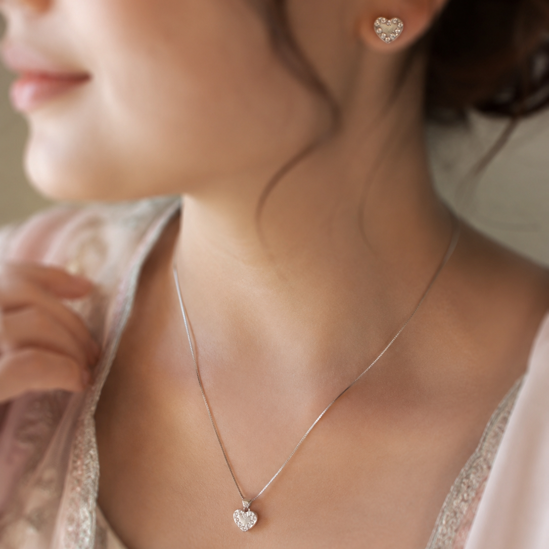 Heart Shape 925 Sliver Sterling Necklace & Earrings Set