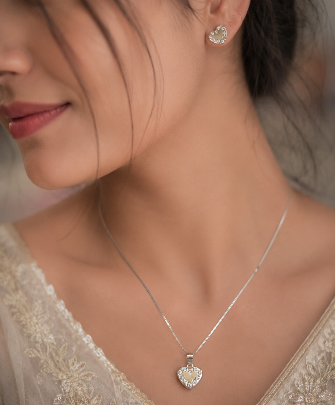 Heart Shape 925 Sliver Sterling Necklace & Earrings Set