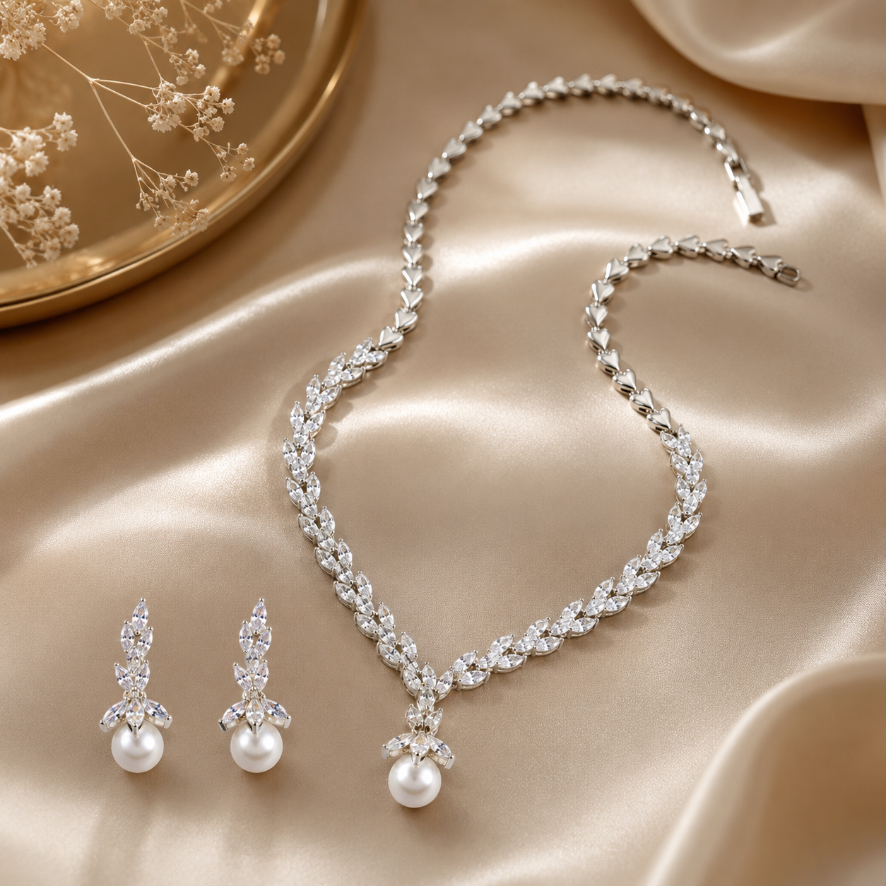 Queen Victorian &nbsp;3 piece CZ Necklace Set with Pearl Drop