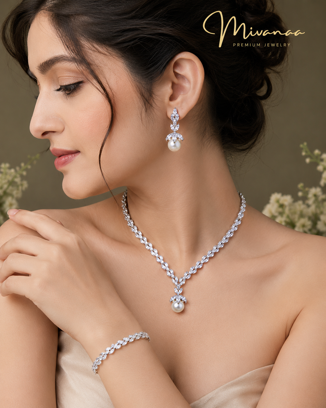 Queen Victorian &nbsp;3 piece CZ Necklace Set with Pearl Drop