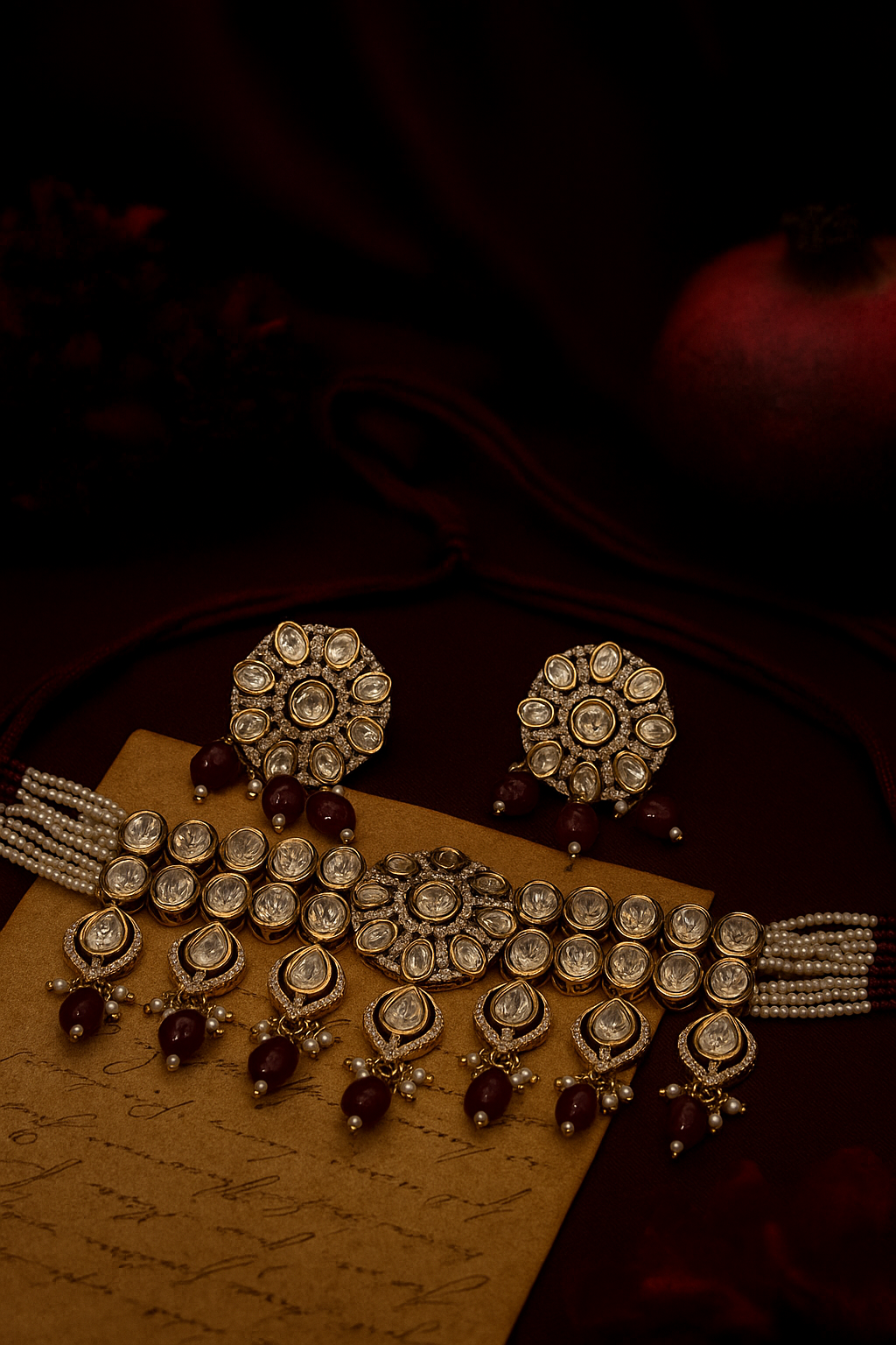 Real Polki Kundan Ruby Red Beads Choker Set with Earring