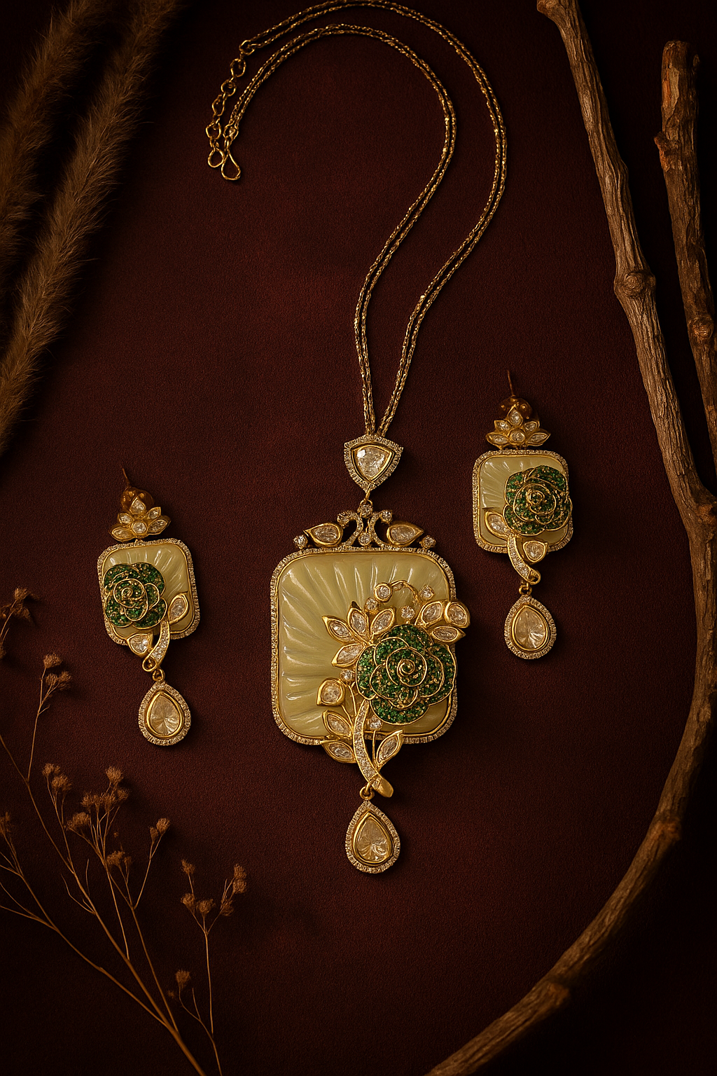 Elegant Green Stone Floral Pendant Set