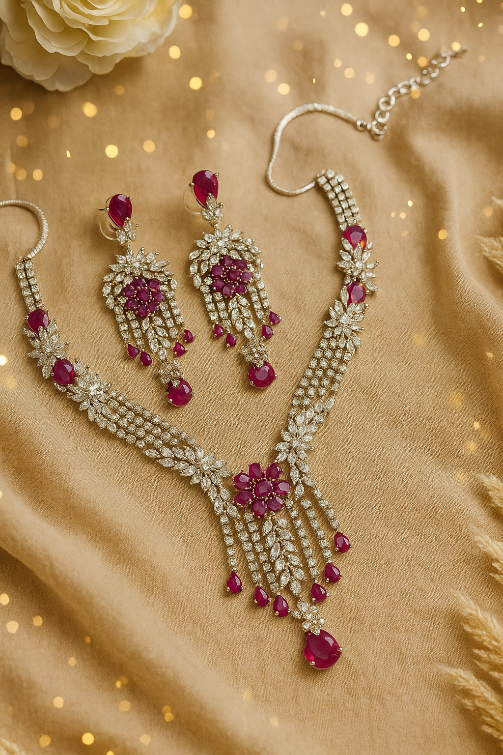 Mivanaa luxury Ruby Red CZ Stone Necklace Set