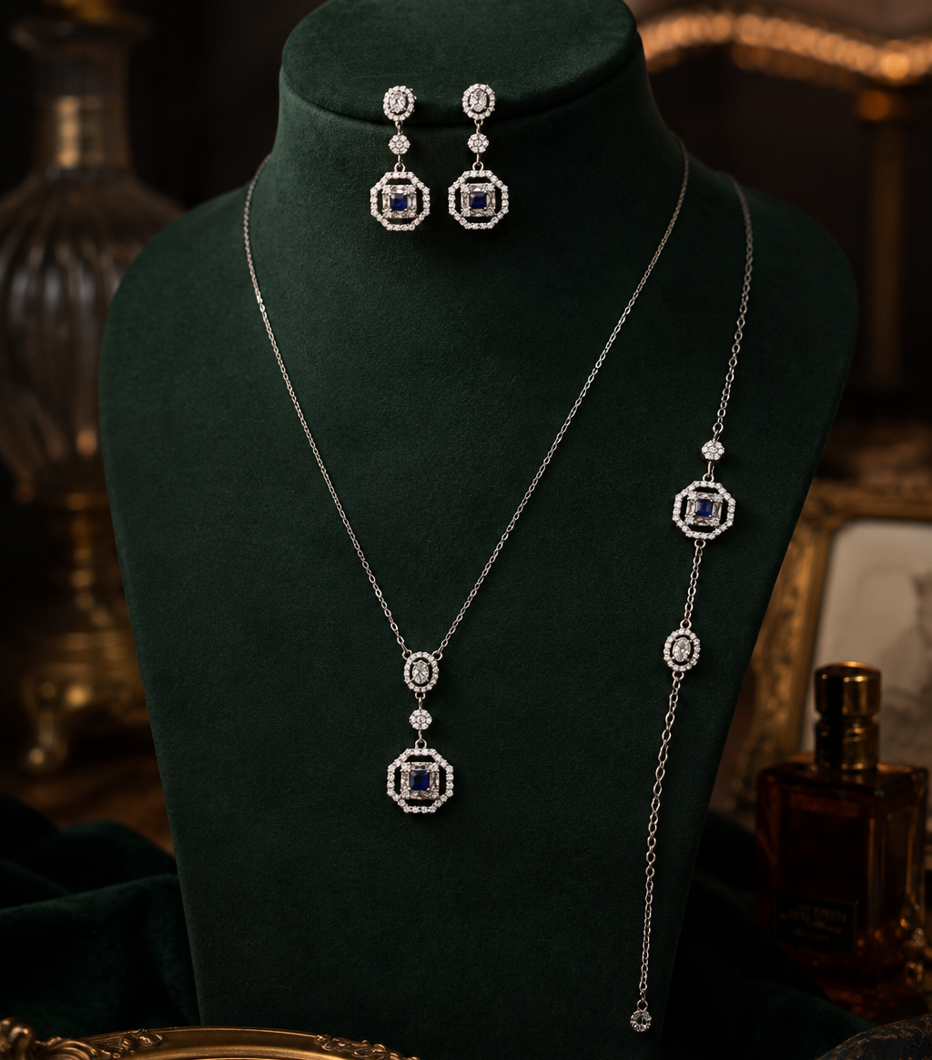 925 Sterling Silver Blue Stone Necklace Set