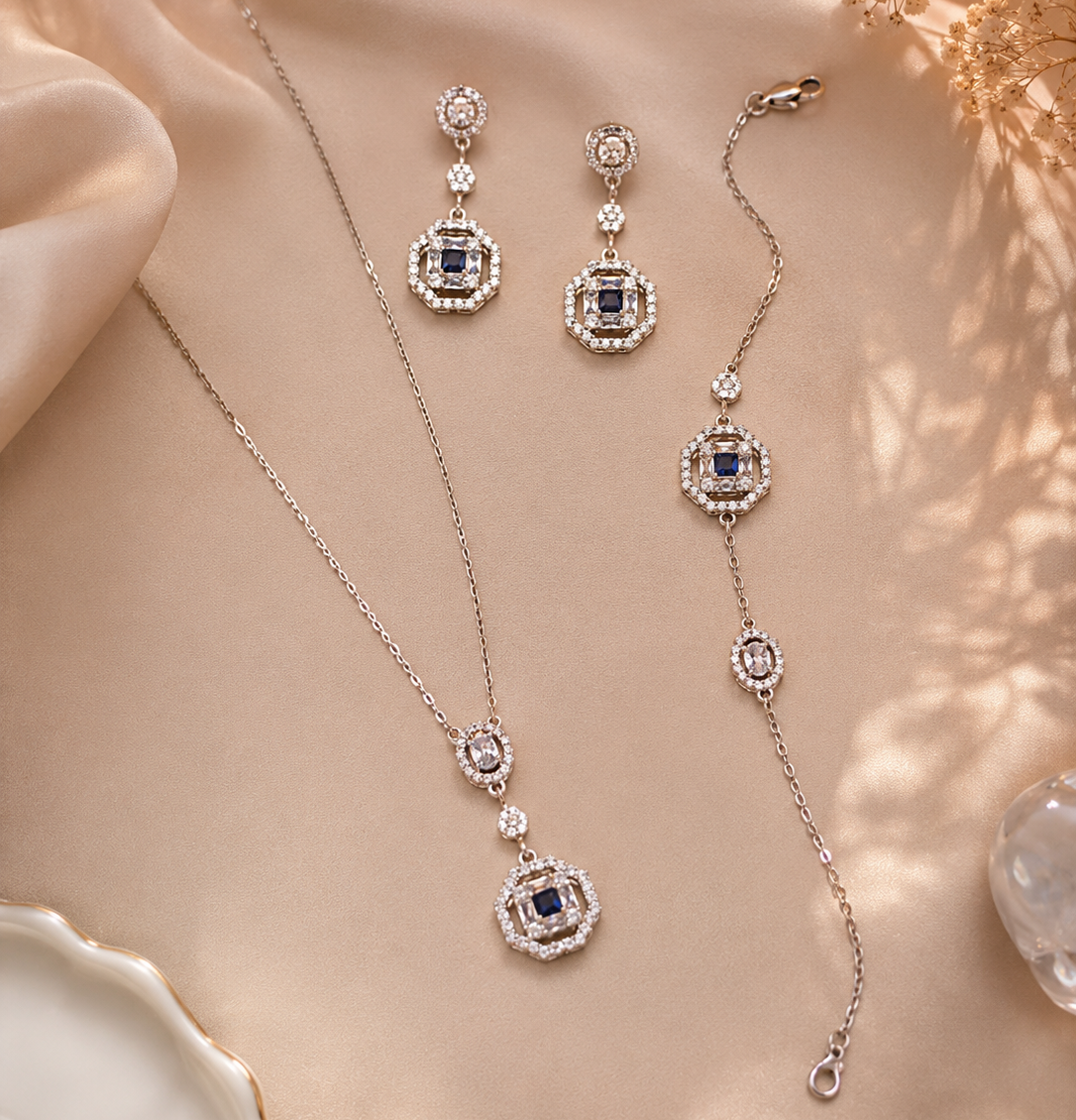 925 Sterling Silver Blue Stone Necklace Set