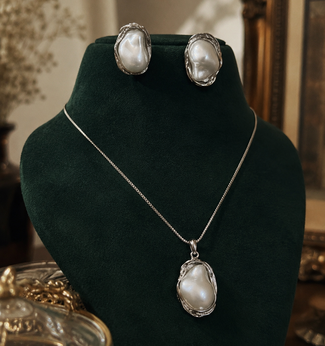 Premium Silver-Tone Baroque Pearl Pendant Set