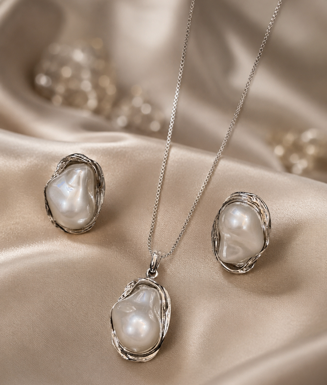 Premium Silver-Tone Baroque Pearl Pendant Set
