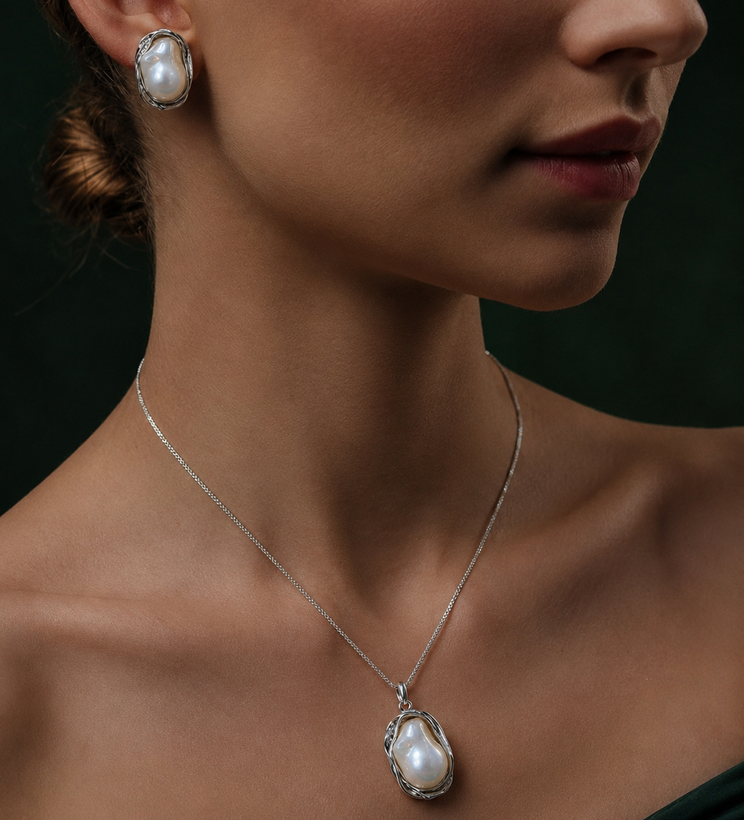 Premium Silver-Tone Baroque Pearl Pendant Set
