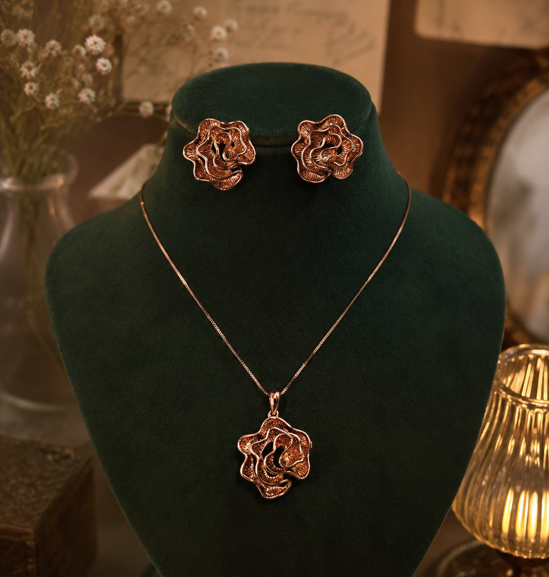 Rose Gold Floral AD Pendant Set with Earrings