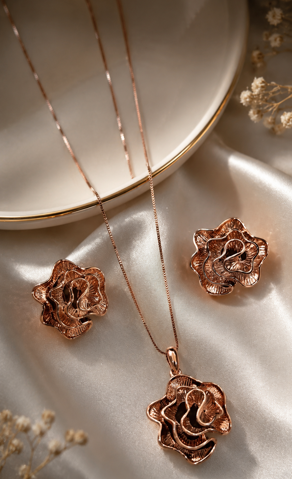Rose Gold Floral AD Pendant Set with Earrings