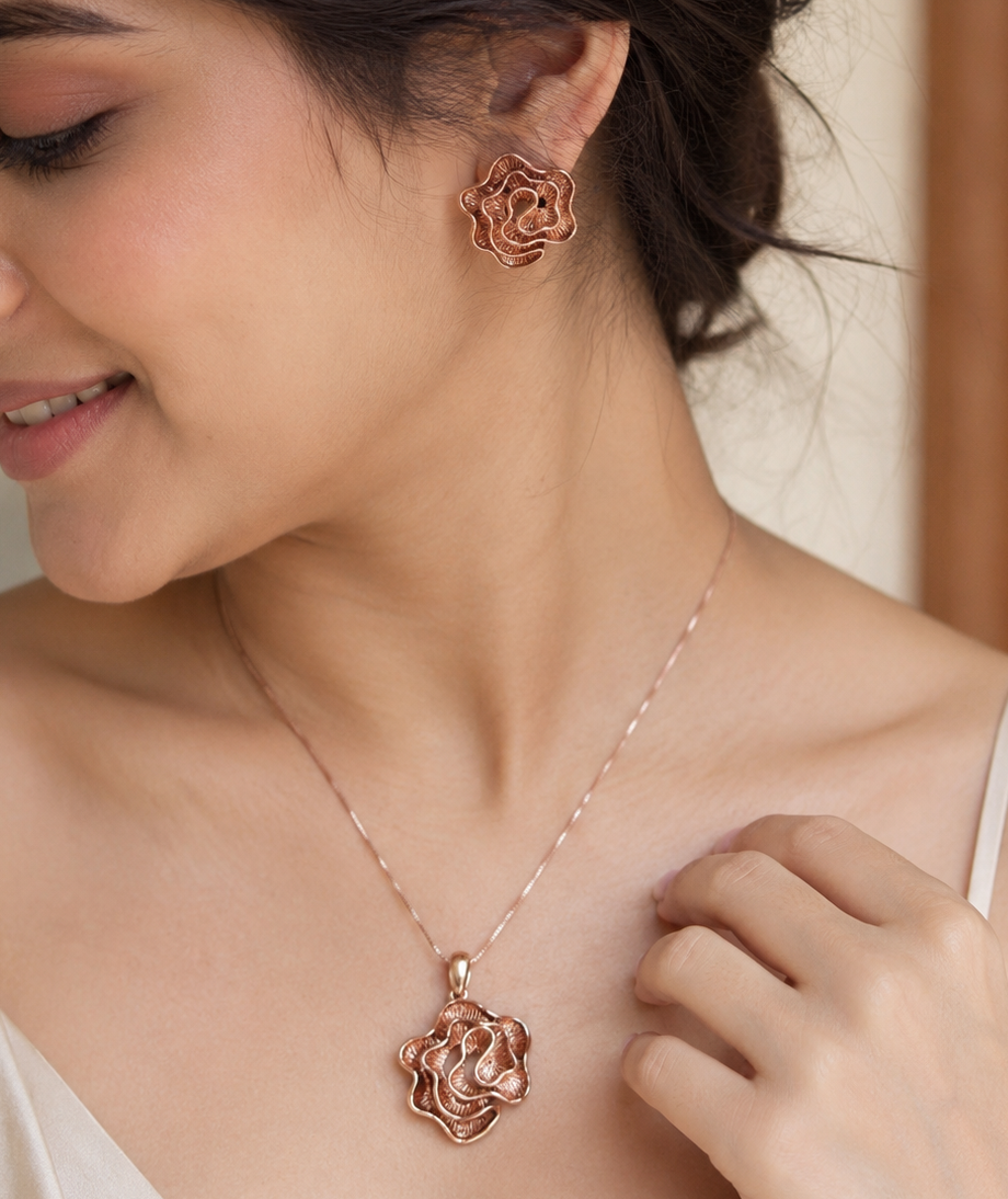 Rose Gold Floral AD Pendant Set with Earrings