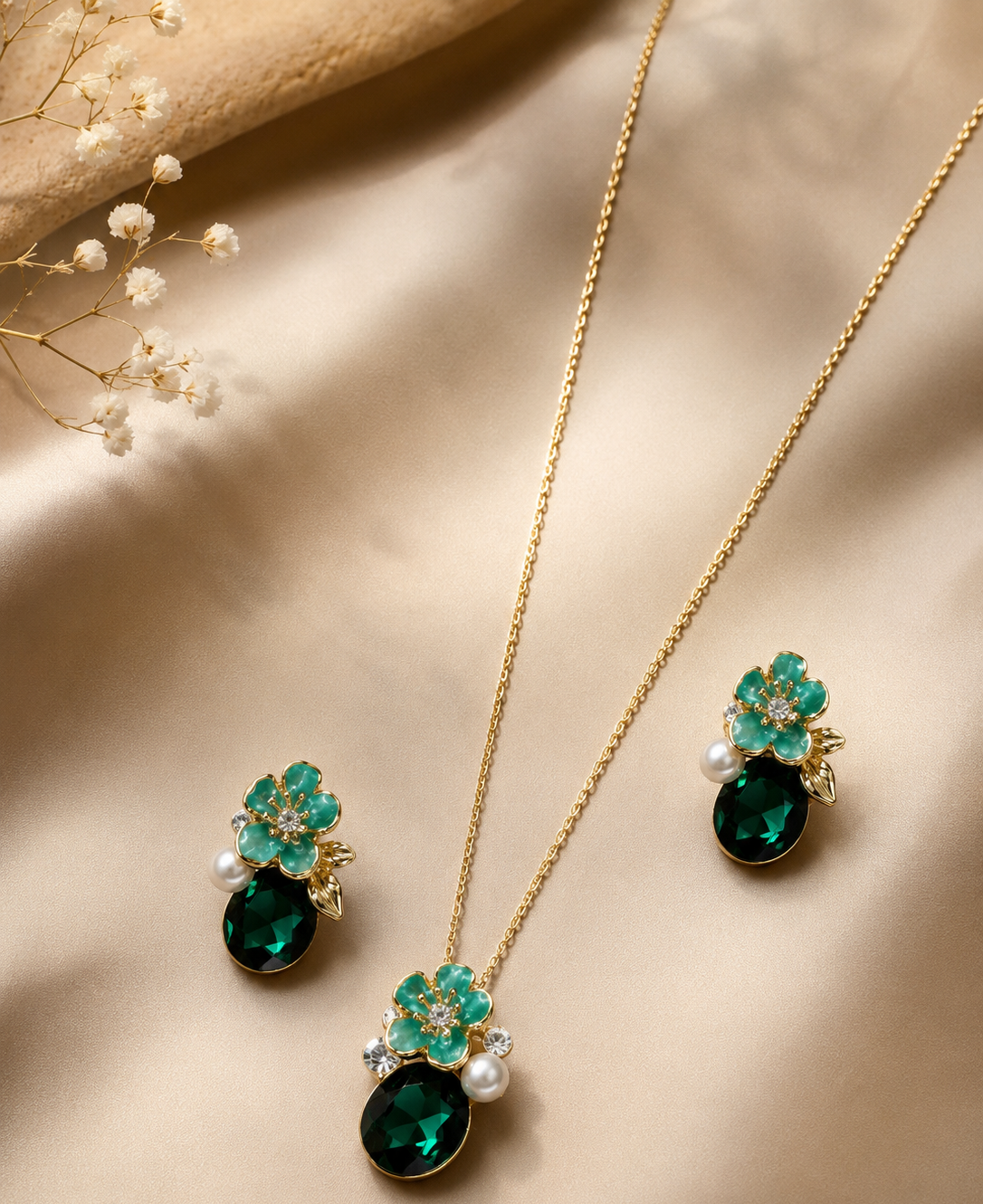 Emerald Bloom Floral Pendant Necklace Set