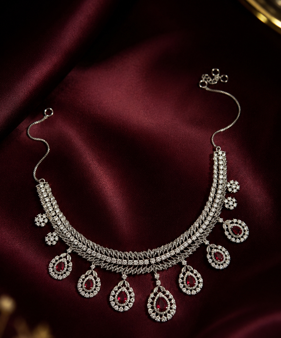Red Wine American Diamond Necklace Set
