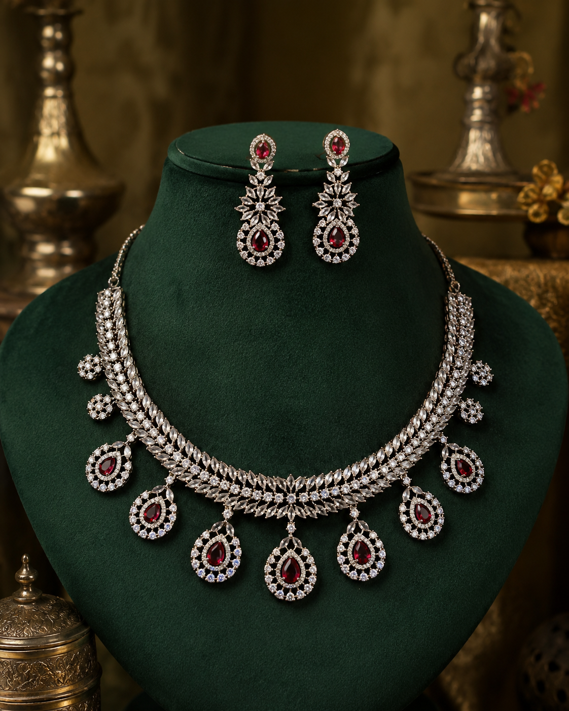 Red Wine American Diamond Necklace Set