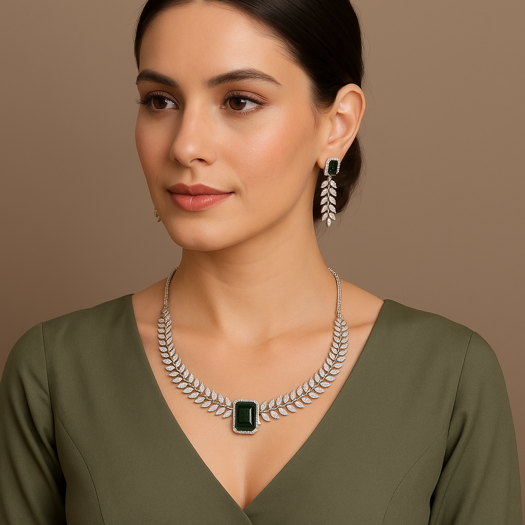 Luxury Emerald Green CZ Stone Necklace & Earring Set