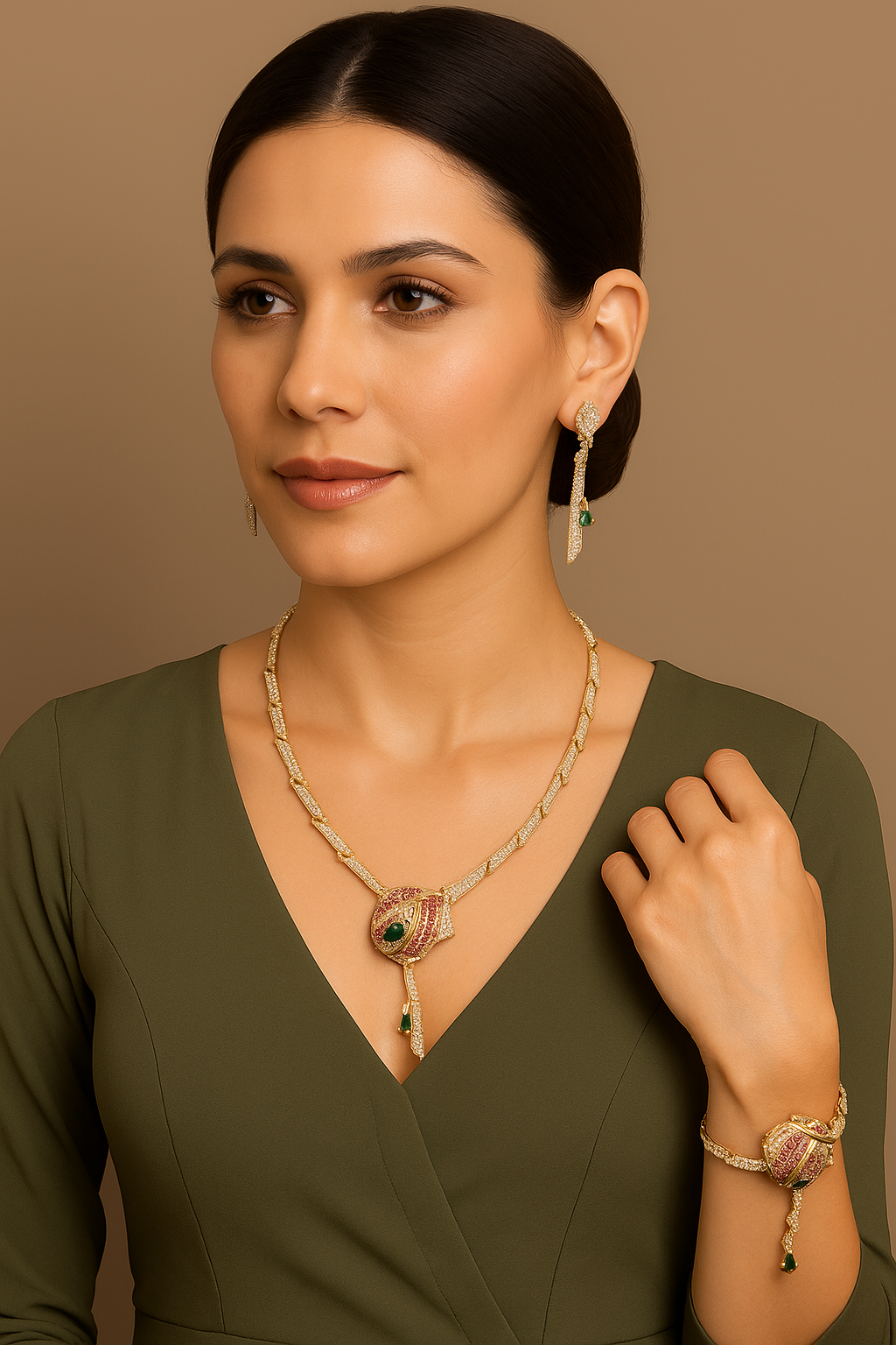 Luxury Ruby & Emerald Peacock-Inspired Diamond Necklace Set with Bracelet