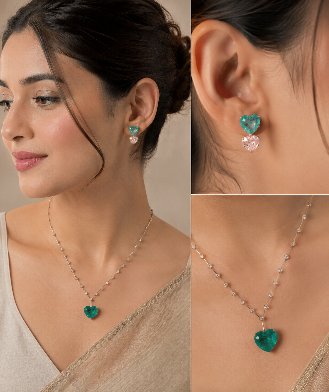 Emerald Heart Drop AD Necklace Set with Matching Earrings