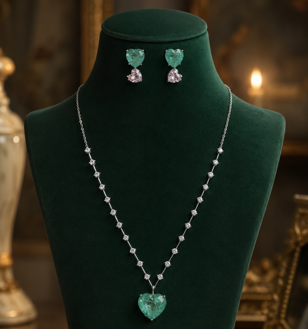 Emerald Heart Drop AD Necklace Set with Matching Earrings