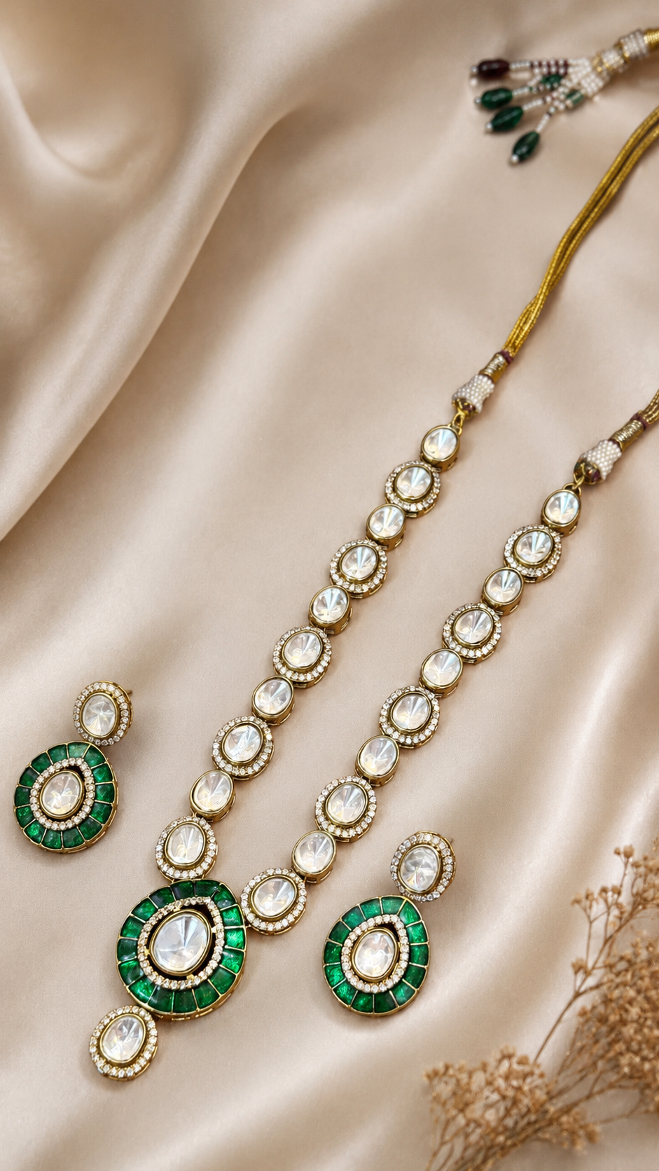 Traditional Kundan Necklace Set with Green Stones for Women