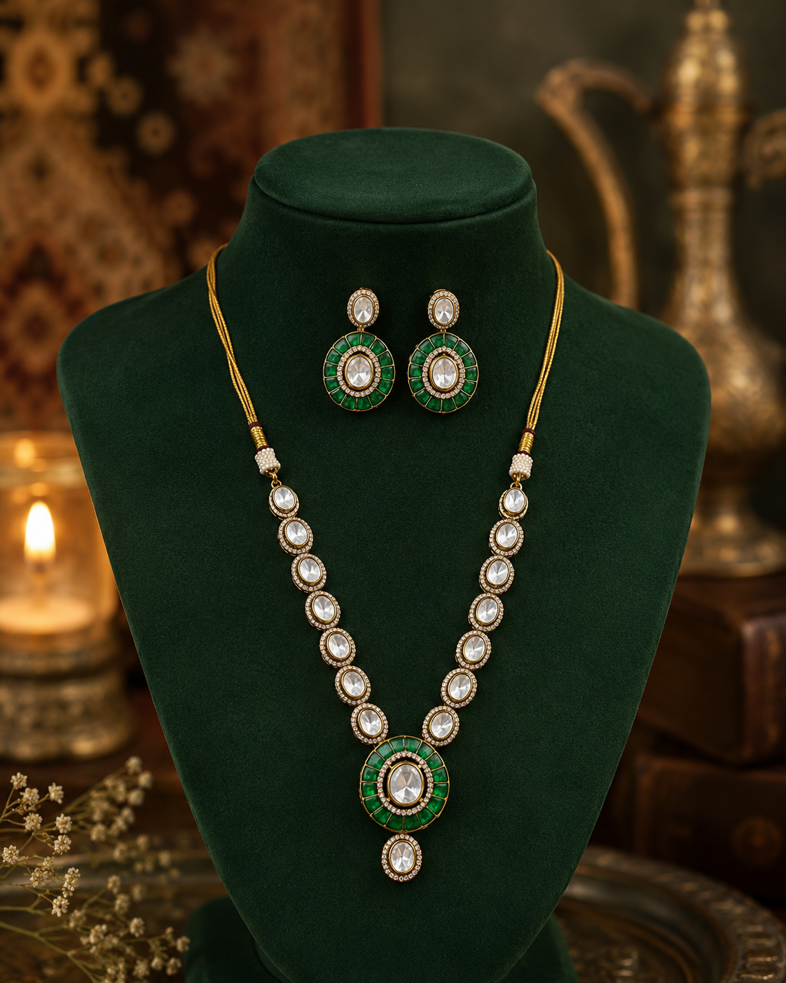 Traditional Kundan Necklace Set with Green Stones for Women