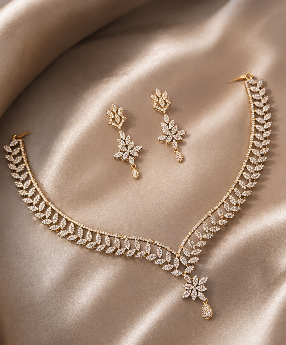 Golden Leaf Drop Necklace Set