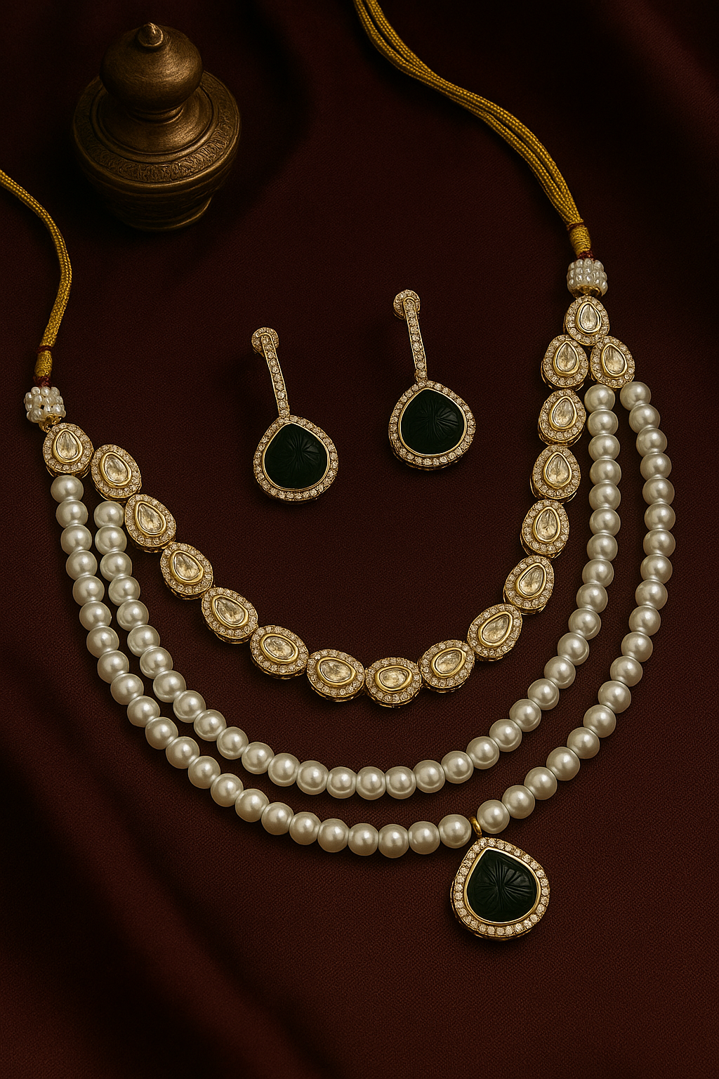 Queen Pearl Emerald  Polki Necklace Set