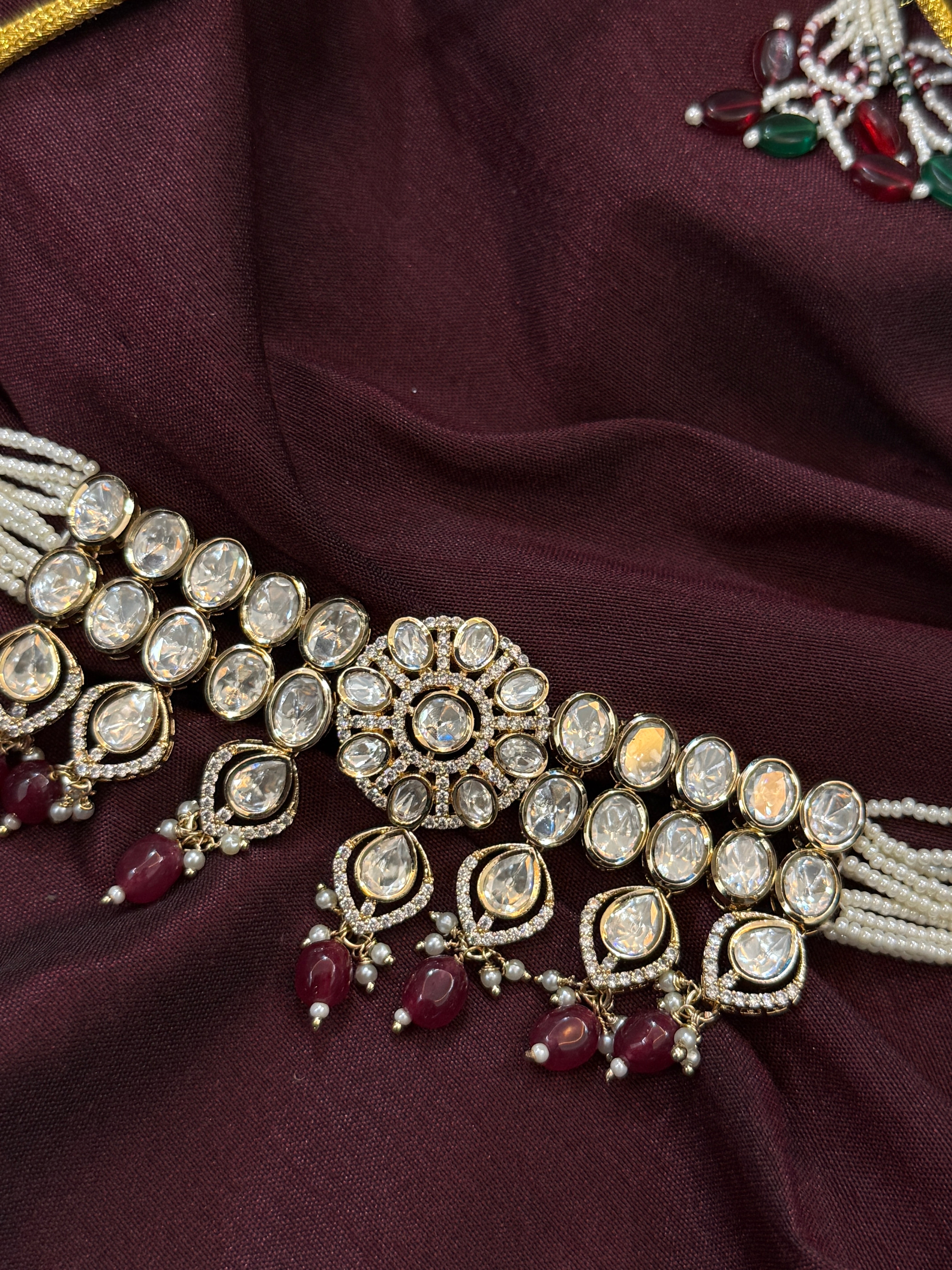 Real Polki Kundan Ruby Red Beads Choker Set with Earring