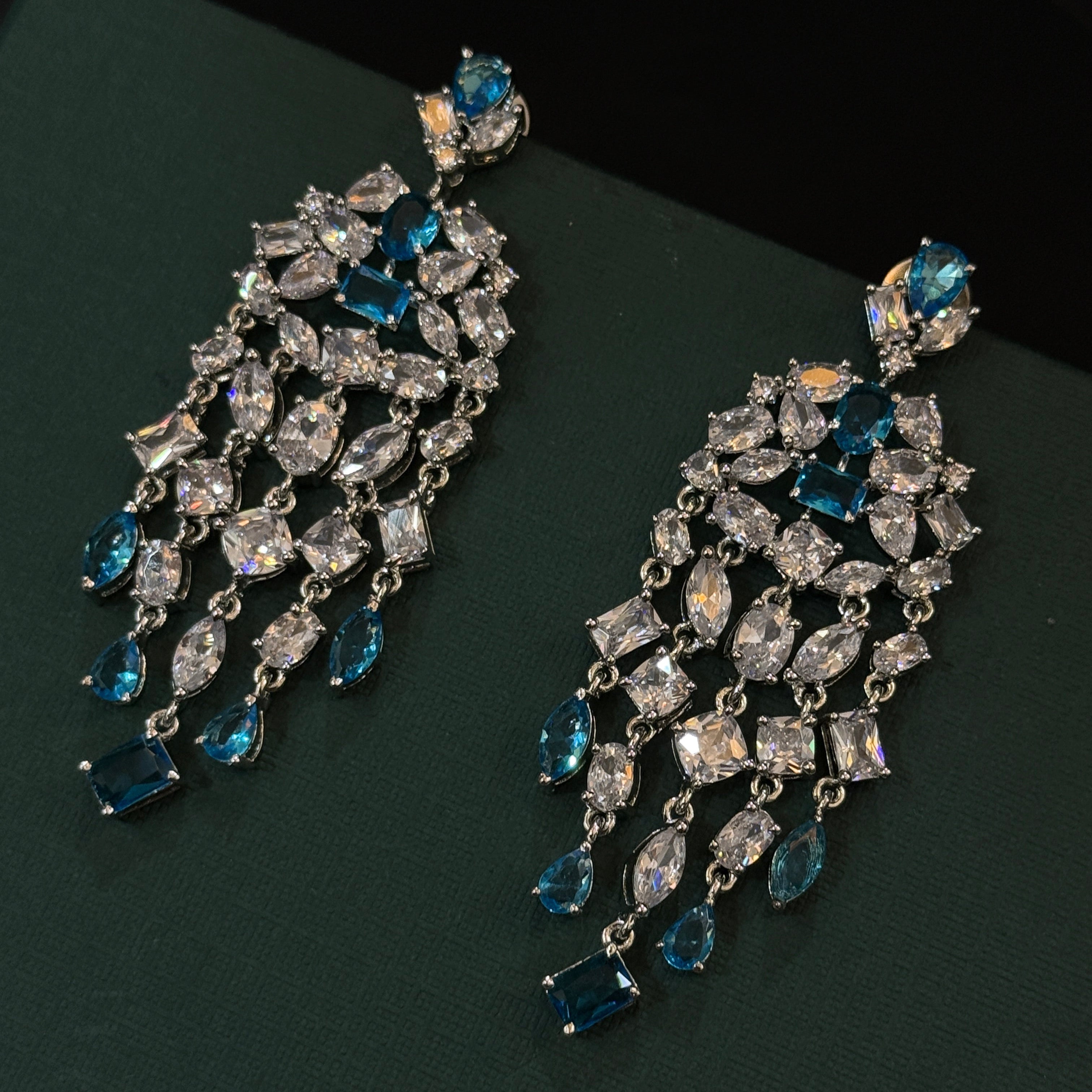 Luxury Blue Crystal Chandelier Earrings in Silver Tone