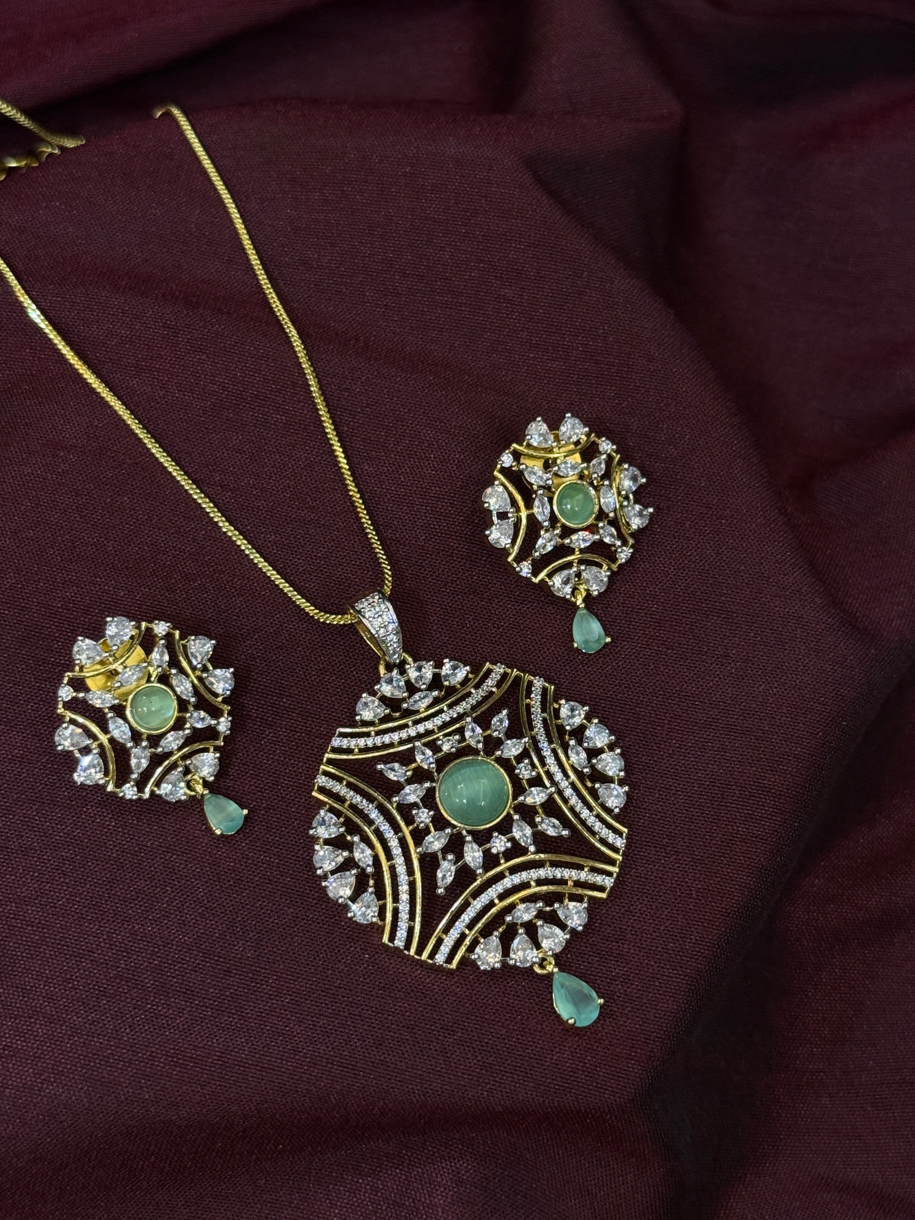Elegant Gold-Plated Mint CZ Pendant Set