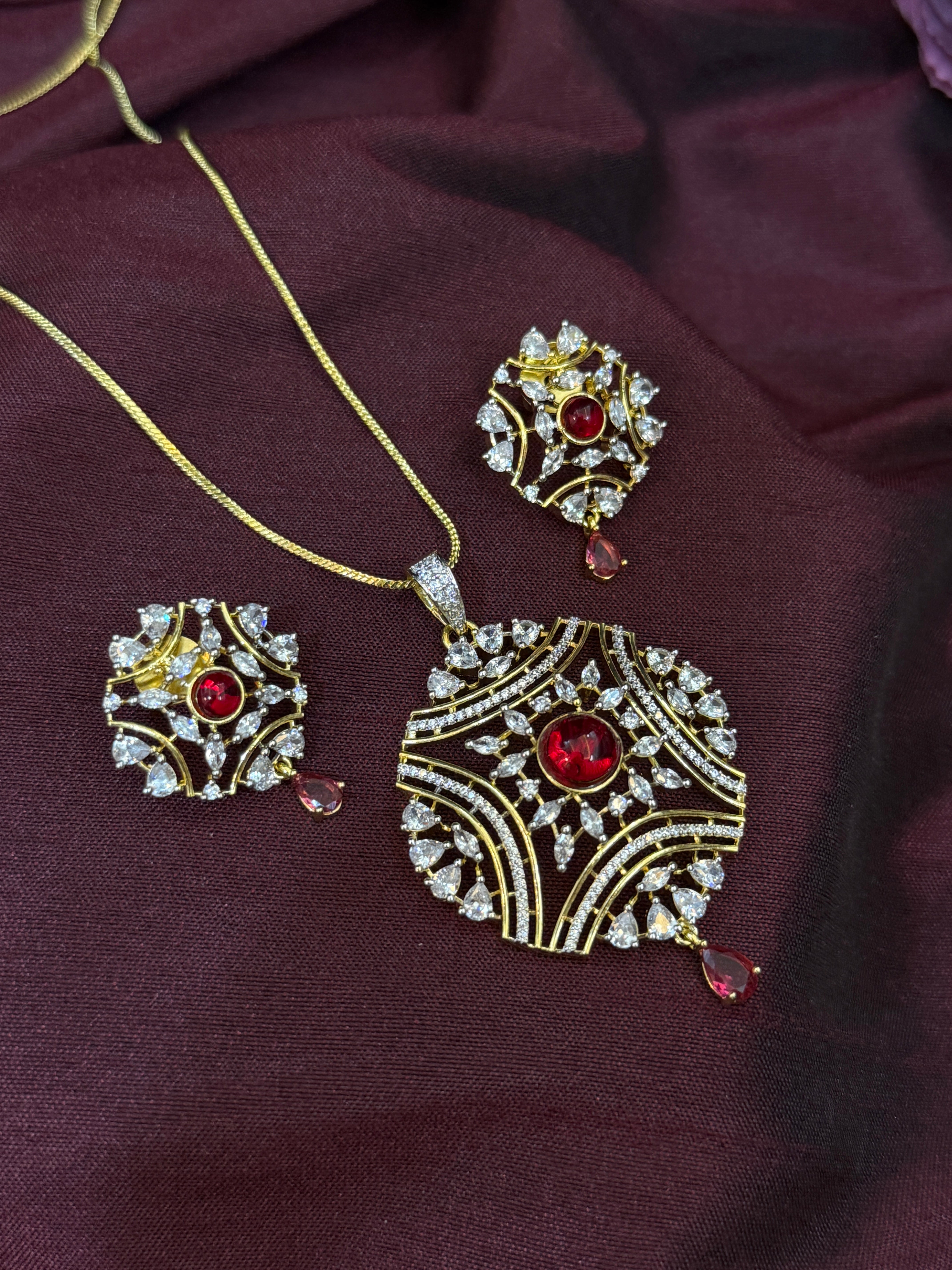 Royal Red American Diamond Pendant Set with Earrings