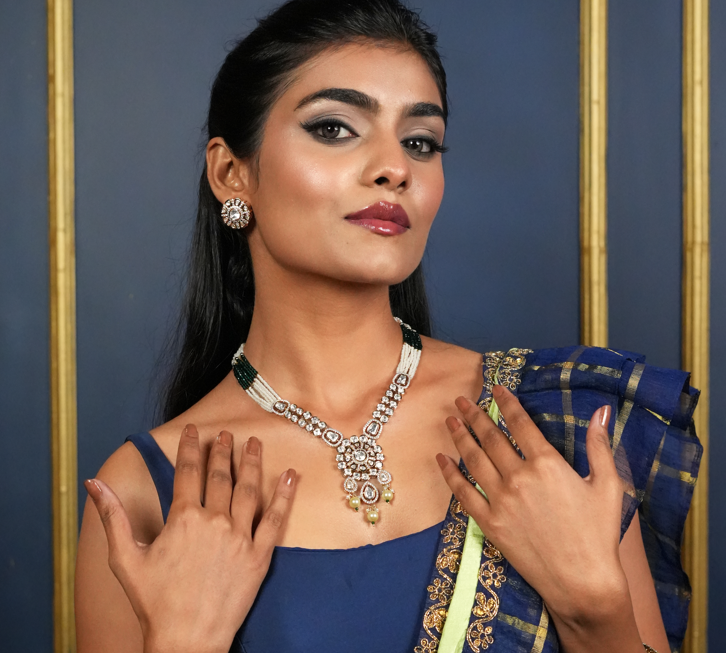 Real Polki Kundan Long Emerald Green Beads