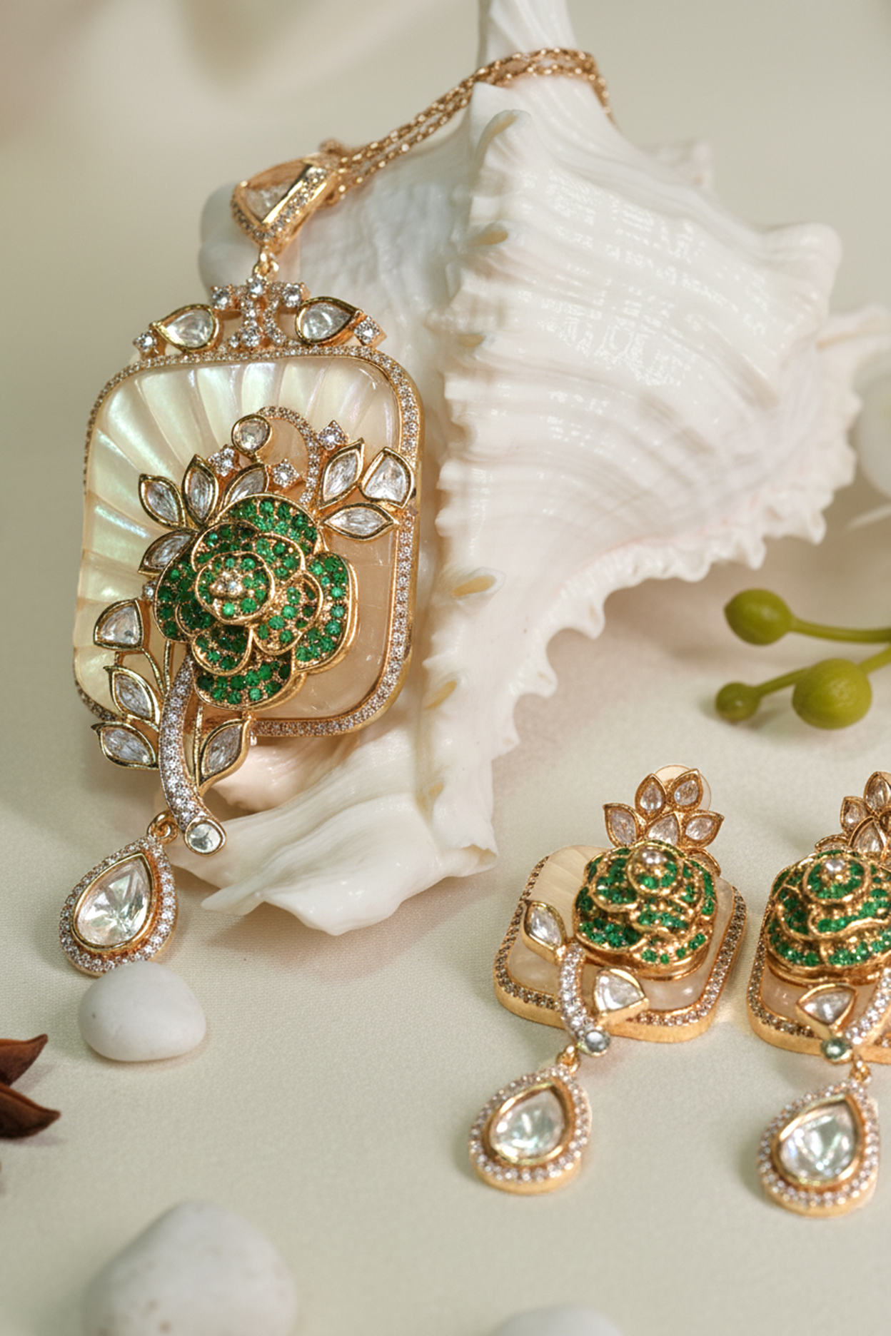 Elegant Green Stone Floral Pendant Set