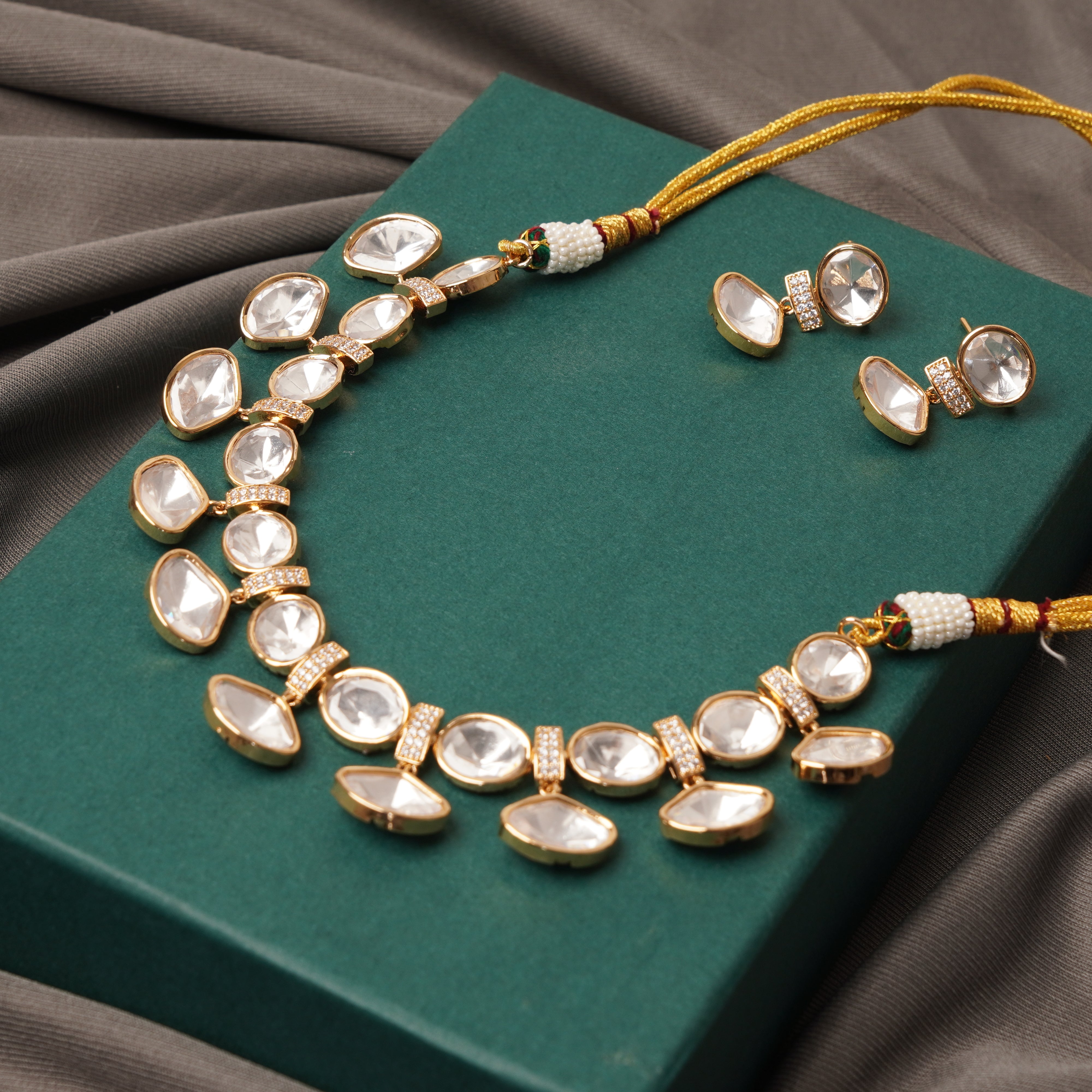 Classic 2 Liner Polki Necklace Set-Mivanaa