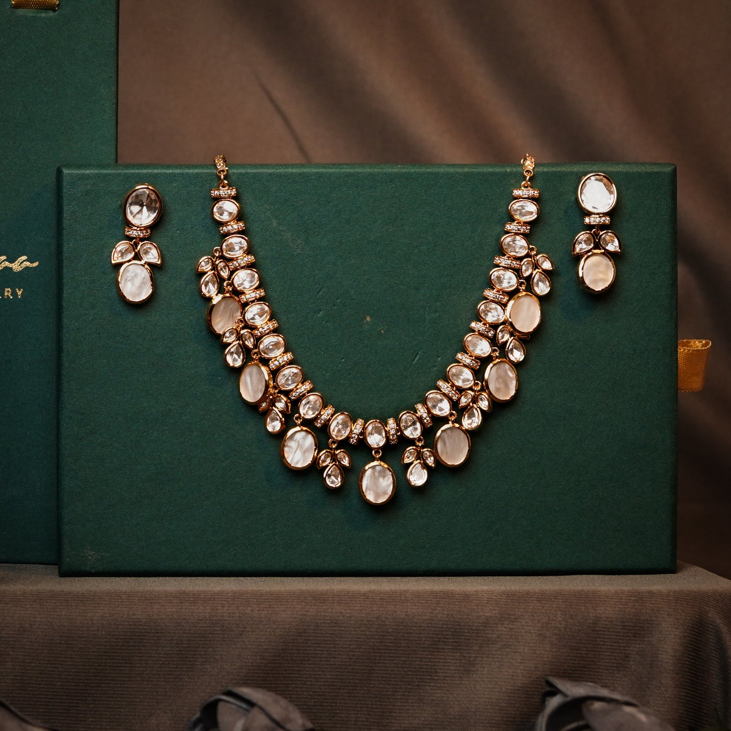 Gold Moissanite Kundan Necklace Set