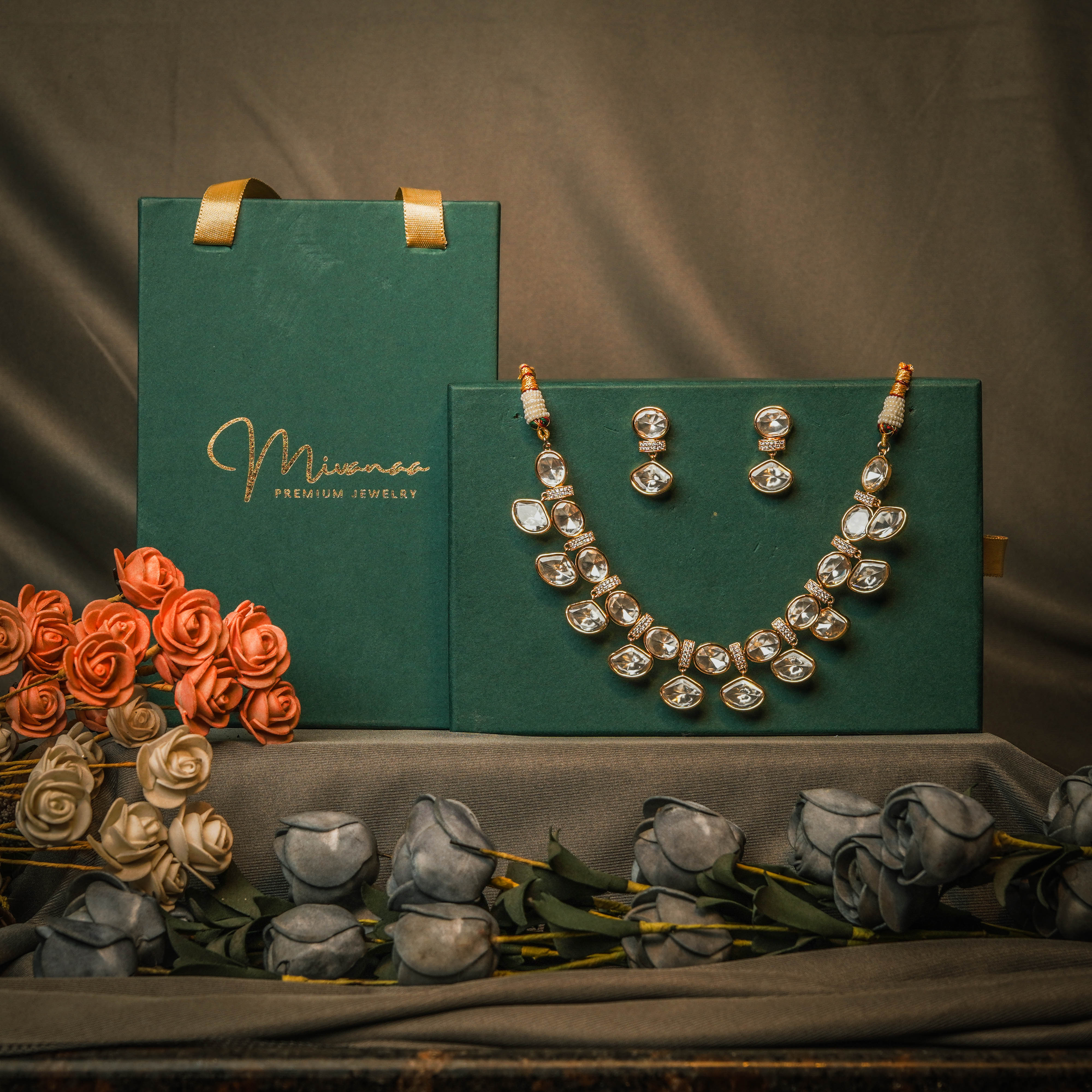 Classic 2 Liner Polki Necklace Set-Mivanaa