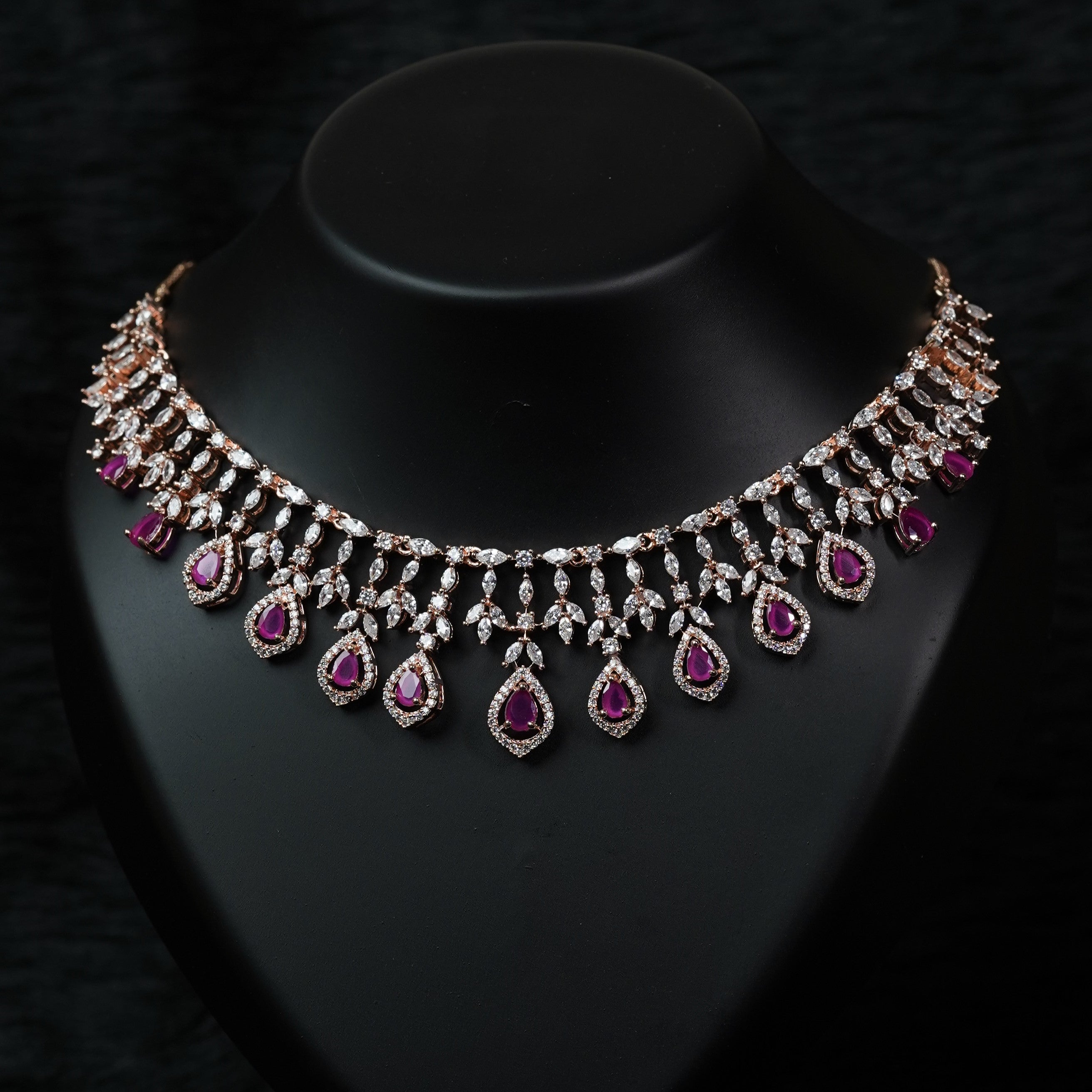Gracy Ruby Rose gold CZ Designer Necklace Set-Mivanaa