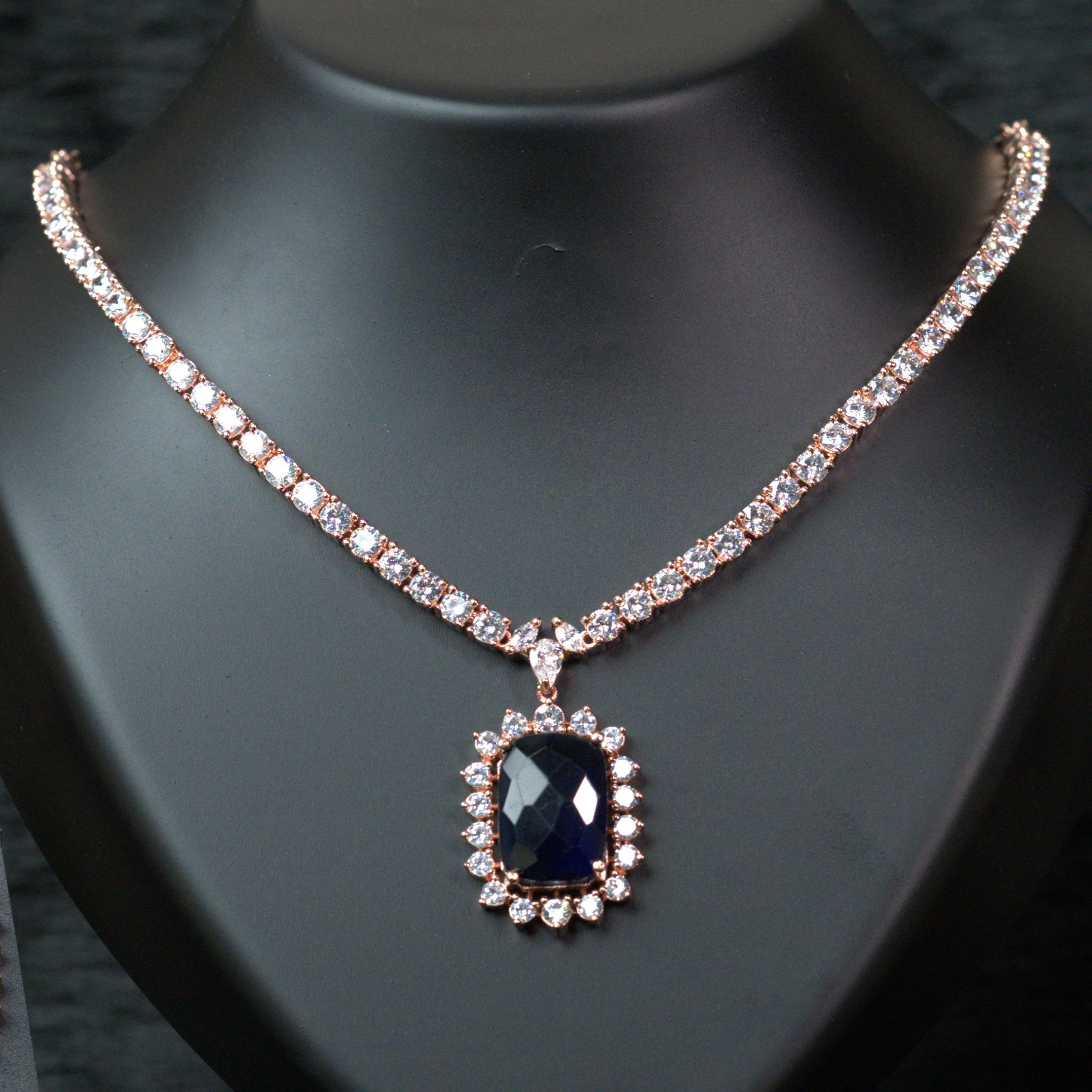 Rose gold Blue CZ Stone Necklace Set - Mivanaa