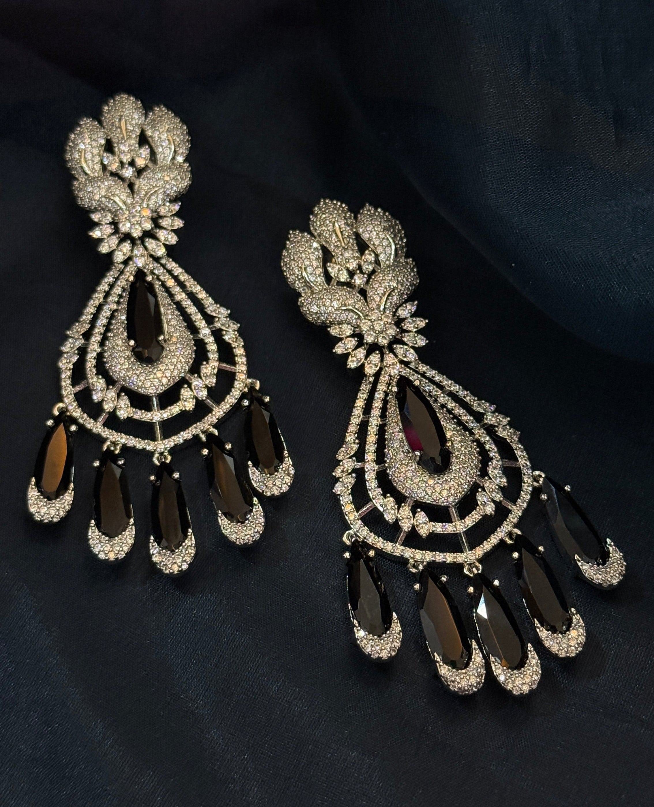 Midnight Bloom American Diamond Drop Earrings