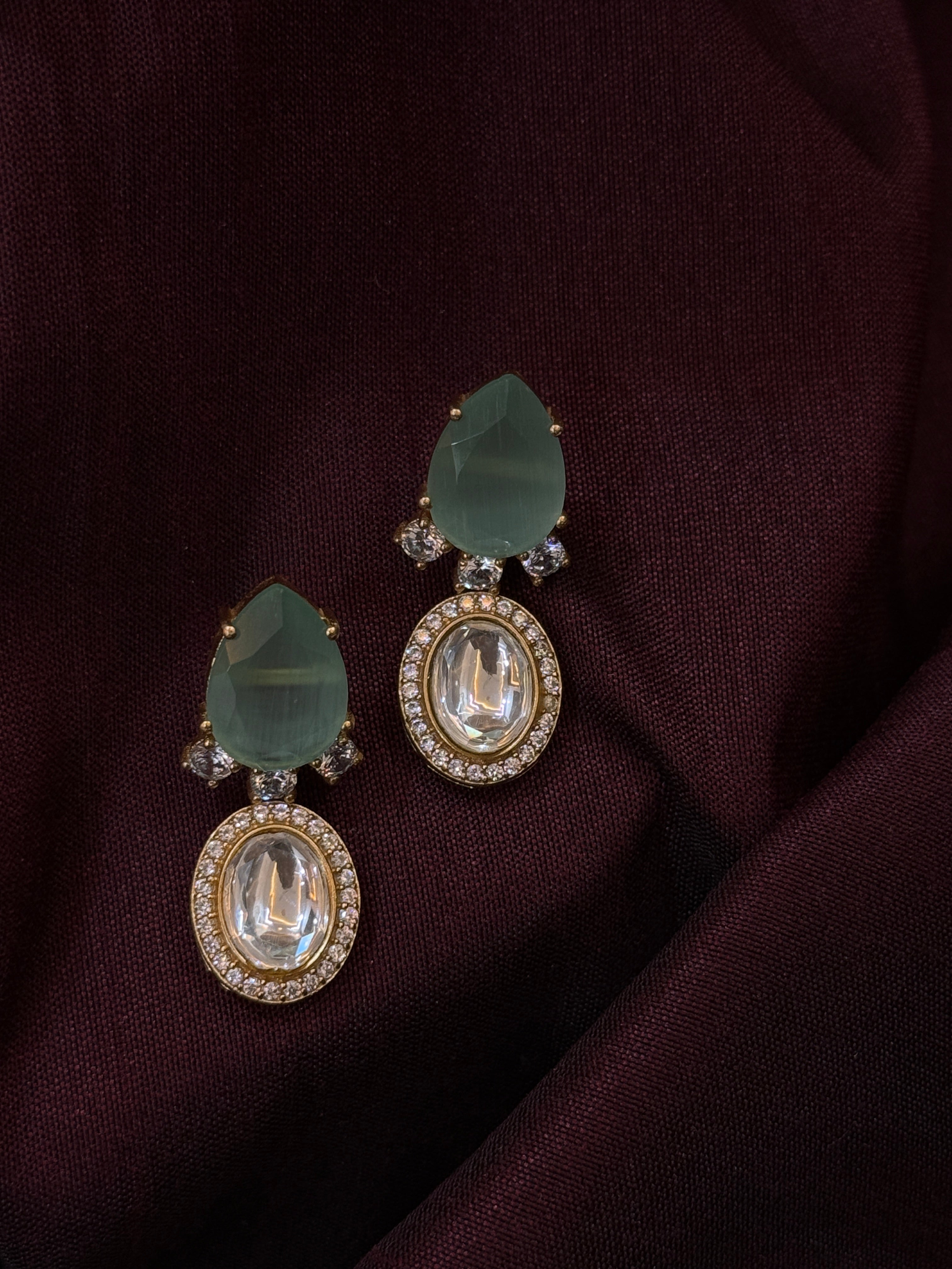 Elegant Teardrop Mint Green Kundan Earrings