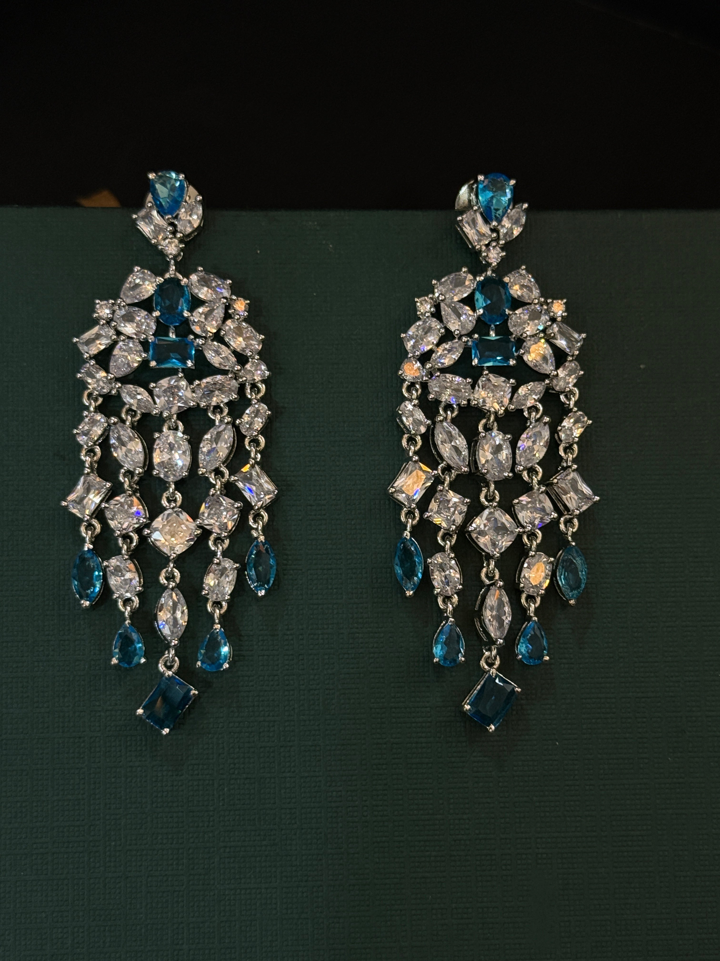 Luxury Blue Crystal Chandelier Earrings in Silver Tone