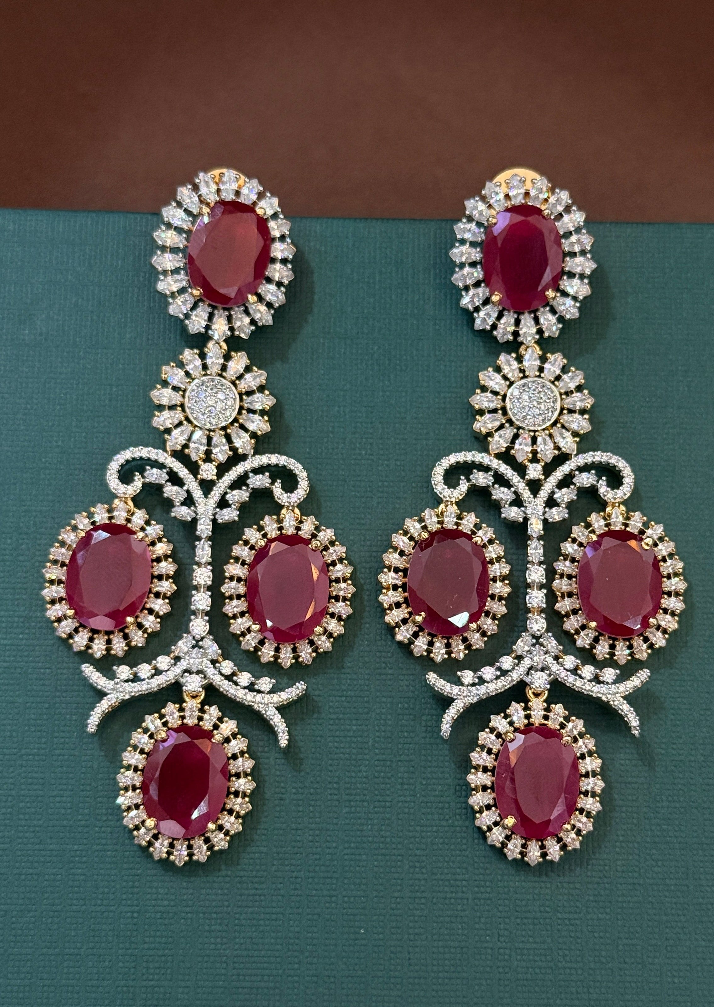 Royal Ruby Red American Diamond Chandelier Earrings