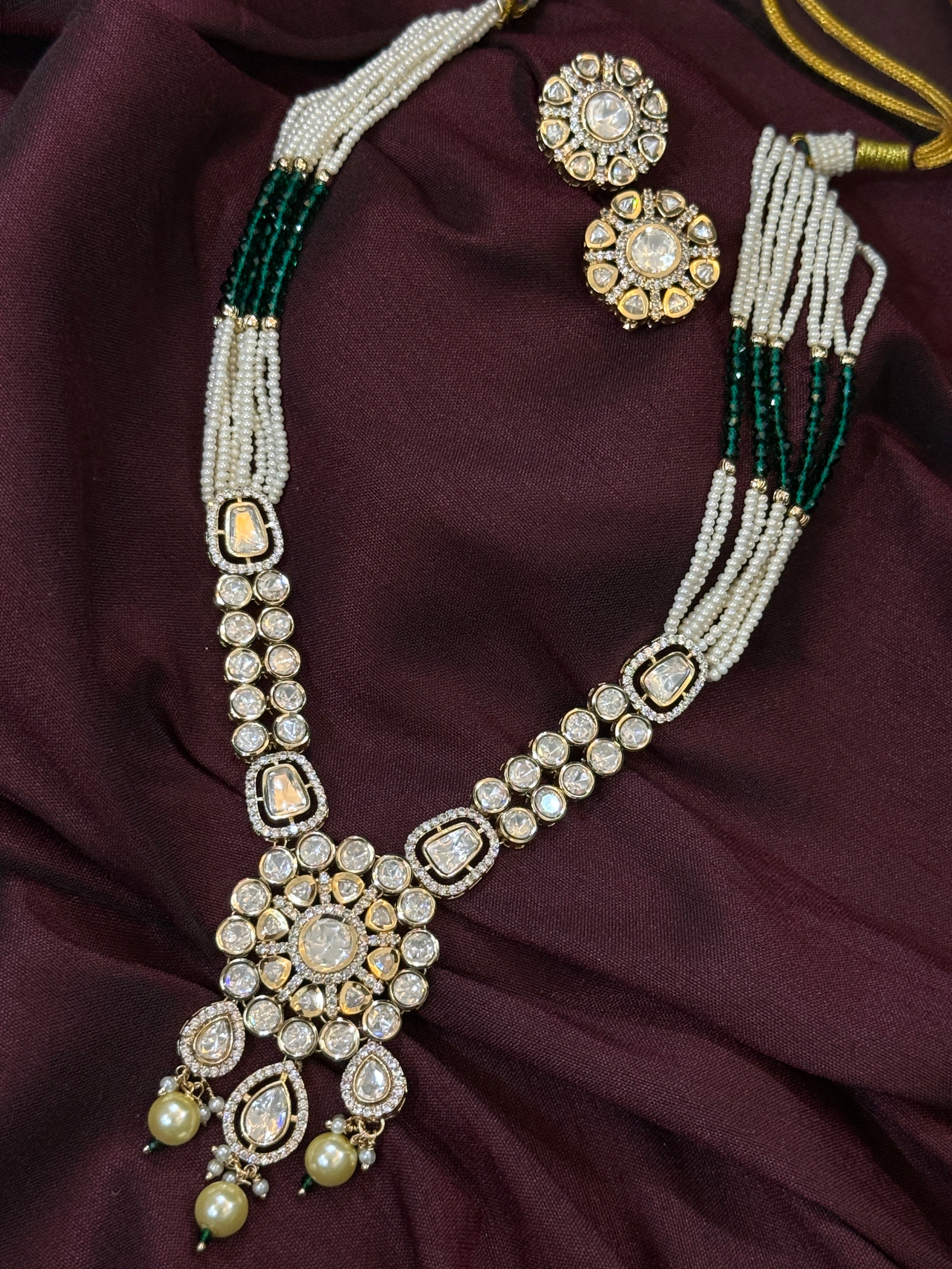 Real Polki Kundan Long Emerald Green Beads