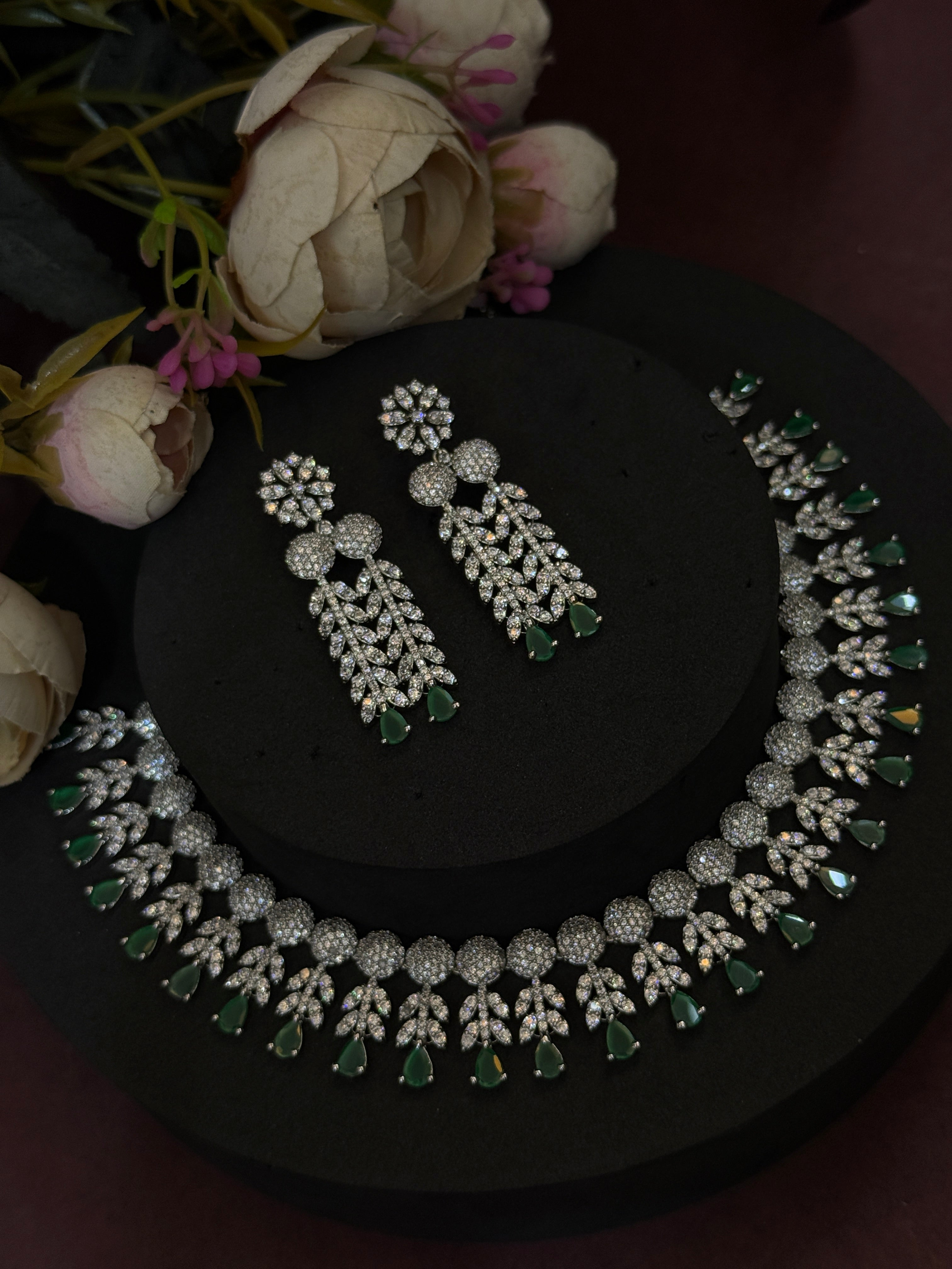 Emerald Drop Luxury American Diamond Necklace Set