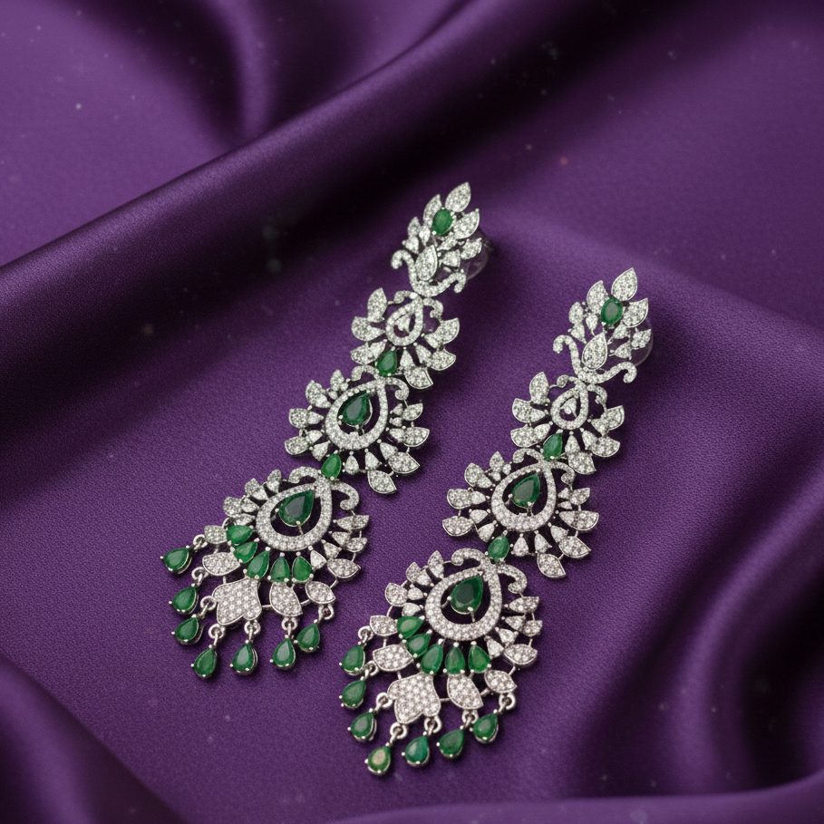 Royal Emerald Green American Diamond Long Drop Earrings