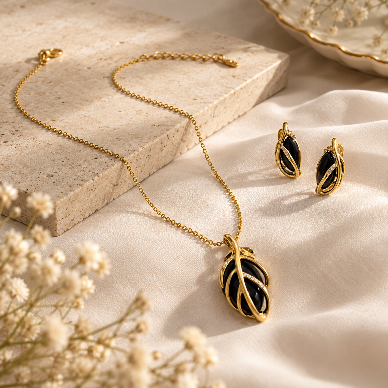 Emerald Green Leaf Pendant Necklace and Earrings Set – Gold-Tone Jewellery