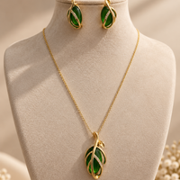Emerald Green Leaf Pendant Necklace and Earrings Set – Gold-Tone Jewellery