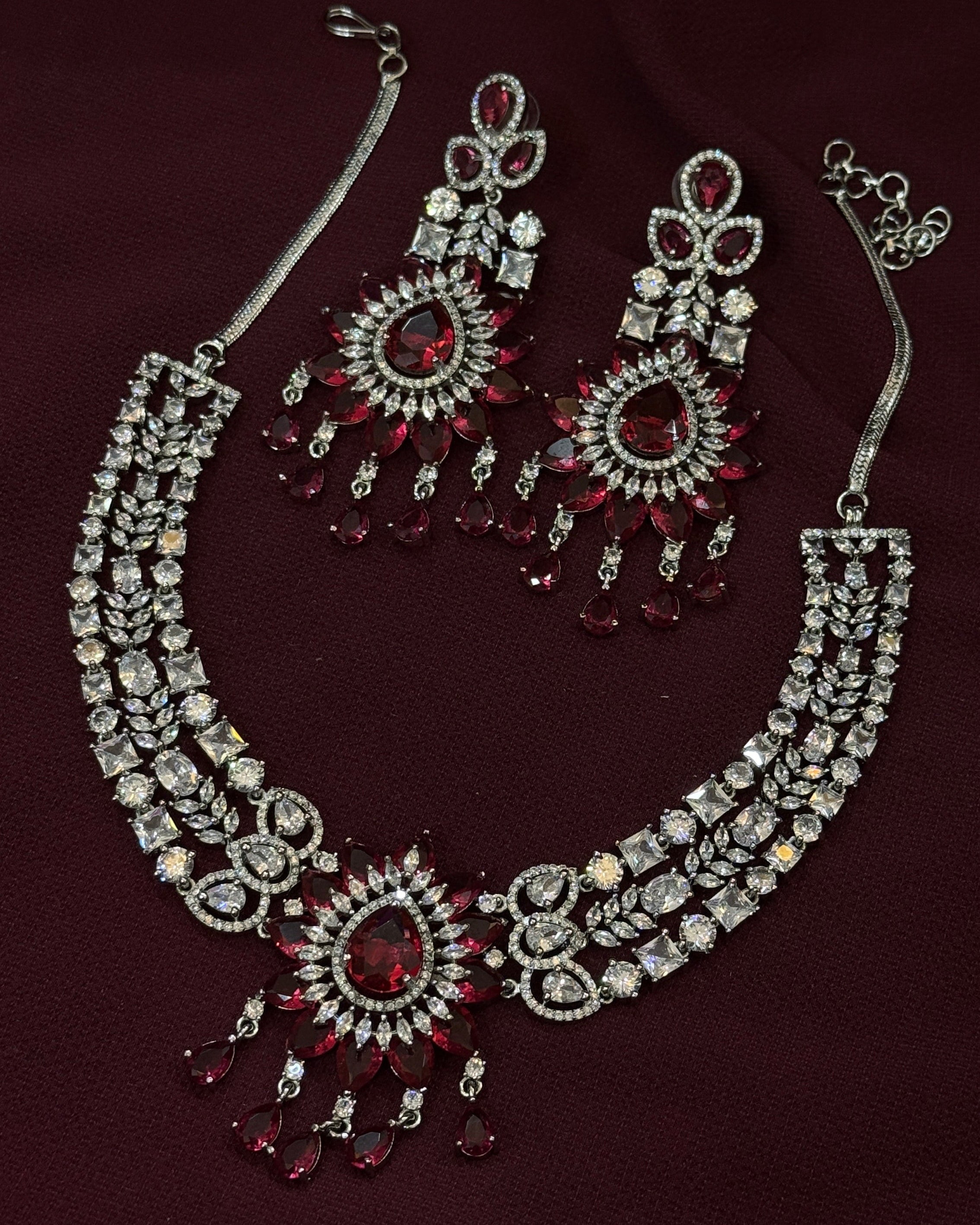 Ruby Red American Diamond Necklace Set