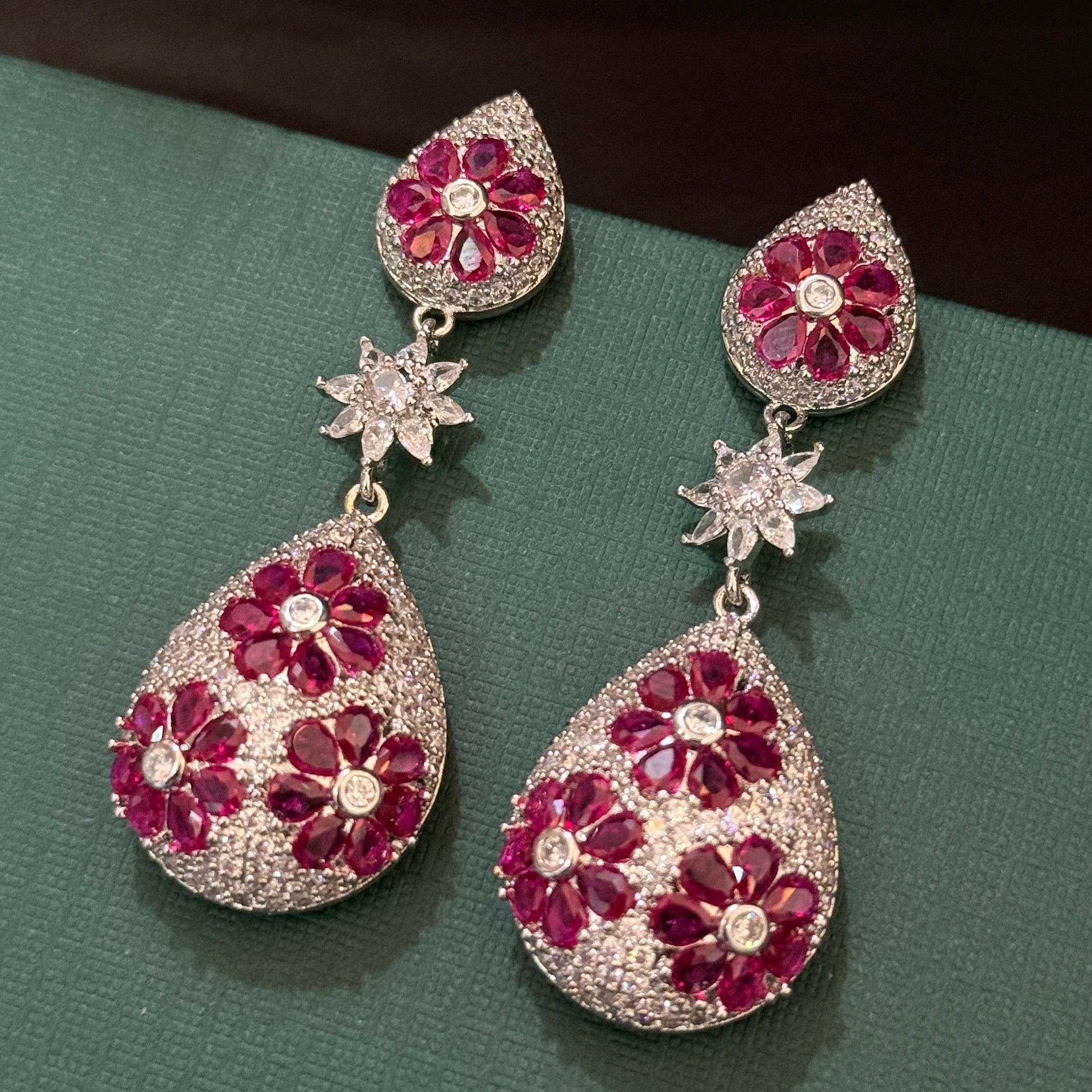 Ruby Red Floral Teardrop American Diamond Long Earrings
