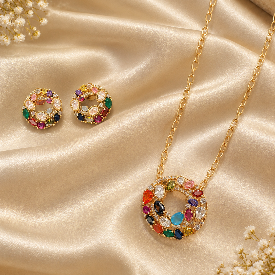 Multicolour Zirconia Pendant and Earring Set – Gold-Tone Statement Jewellery