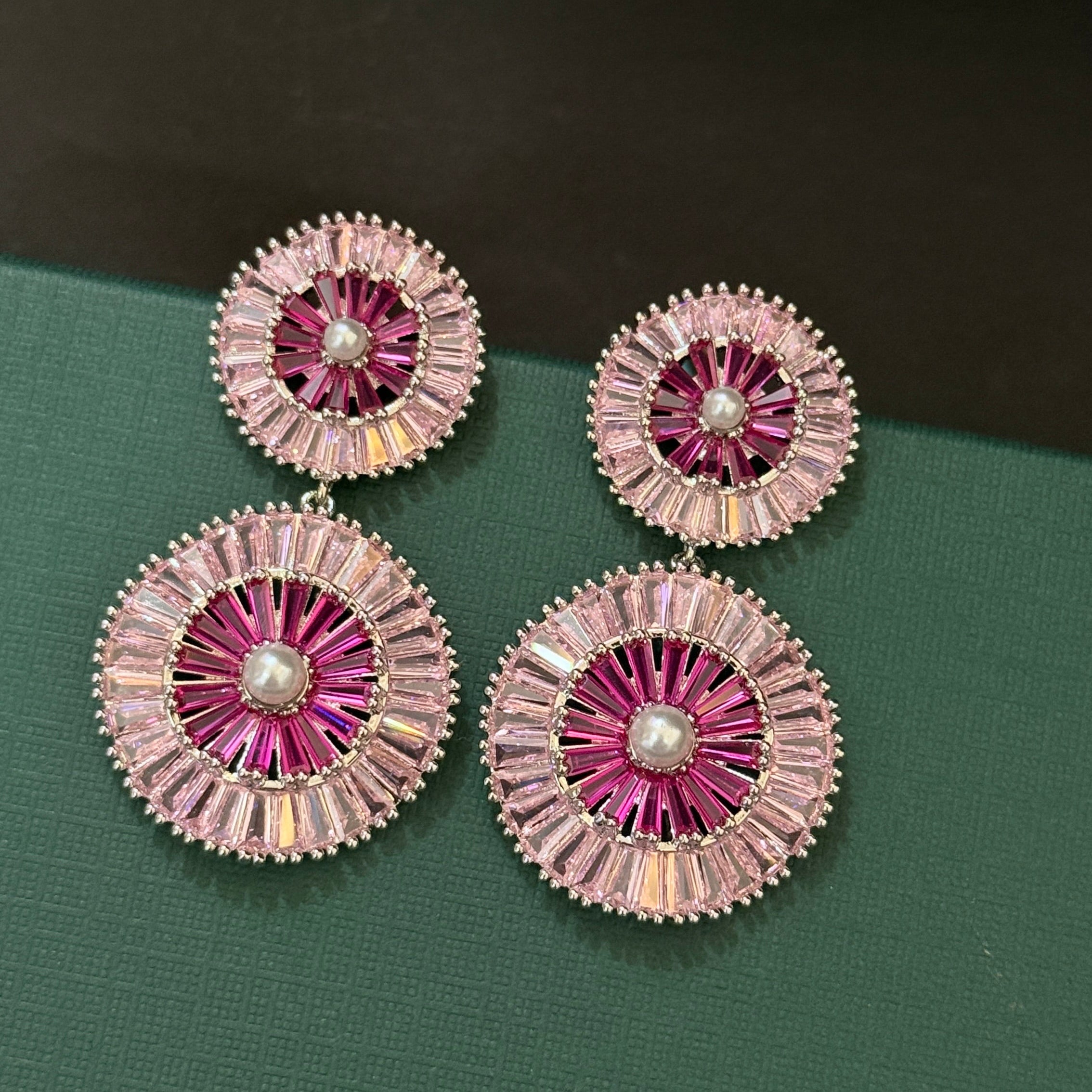 Pink Crystal Sunburst Pearl Stud & Drop Earrings